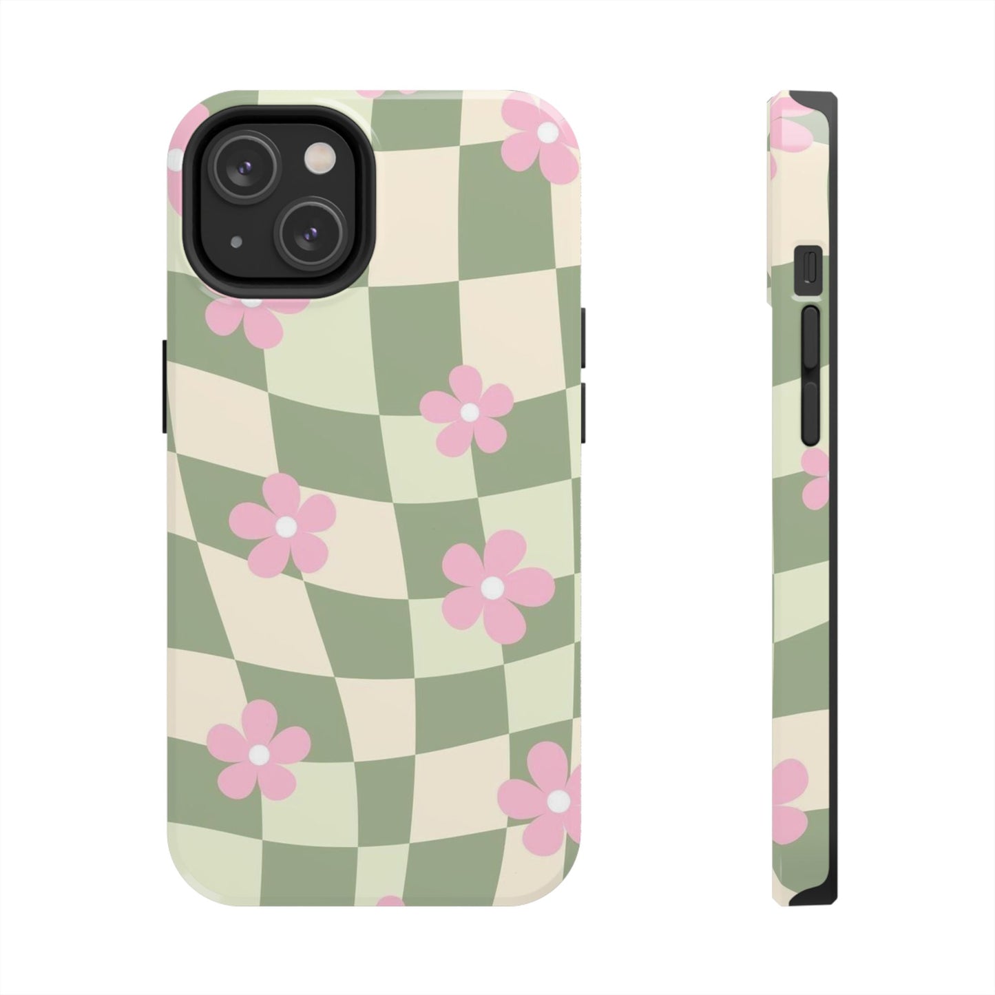 Tough Phone Case — Retro Green Checkerboard with Pink Flowers