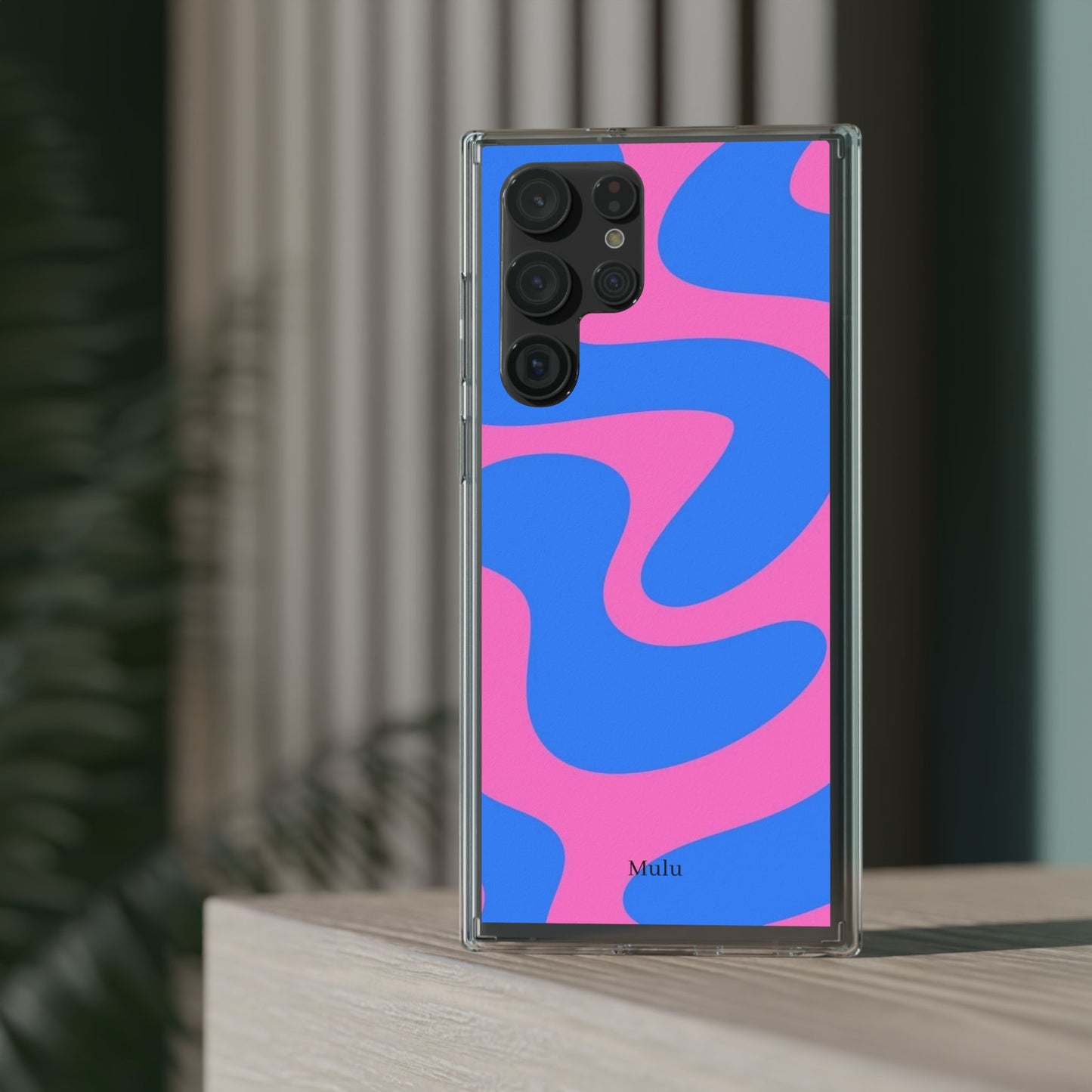 Clear Impact-Resistant Phone Case — Retro Blue & Pink Abstract Swirl