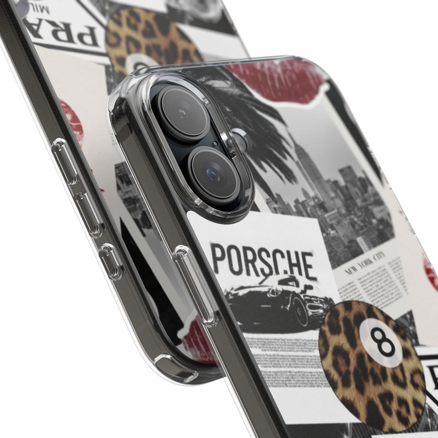 Clear Impact-Resistant Phone Case — Collage Luxury Leopard & Vintage Car Design