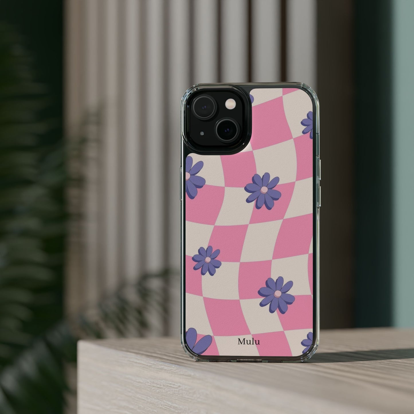 Clear Impact Phone Case — Pink Checkerboard with Purple Flowers