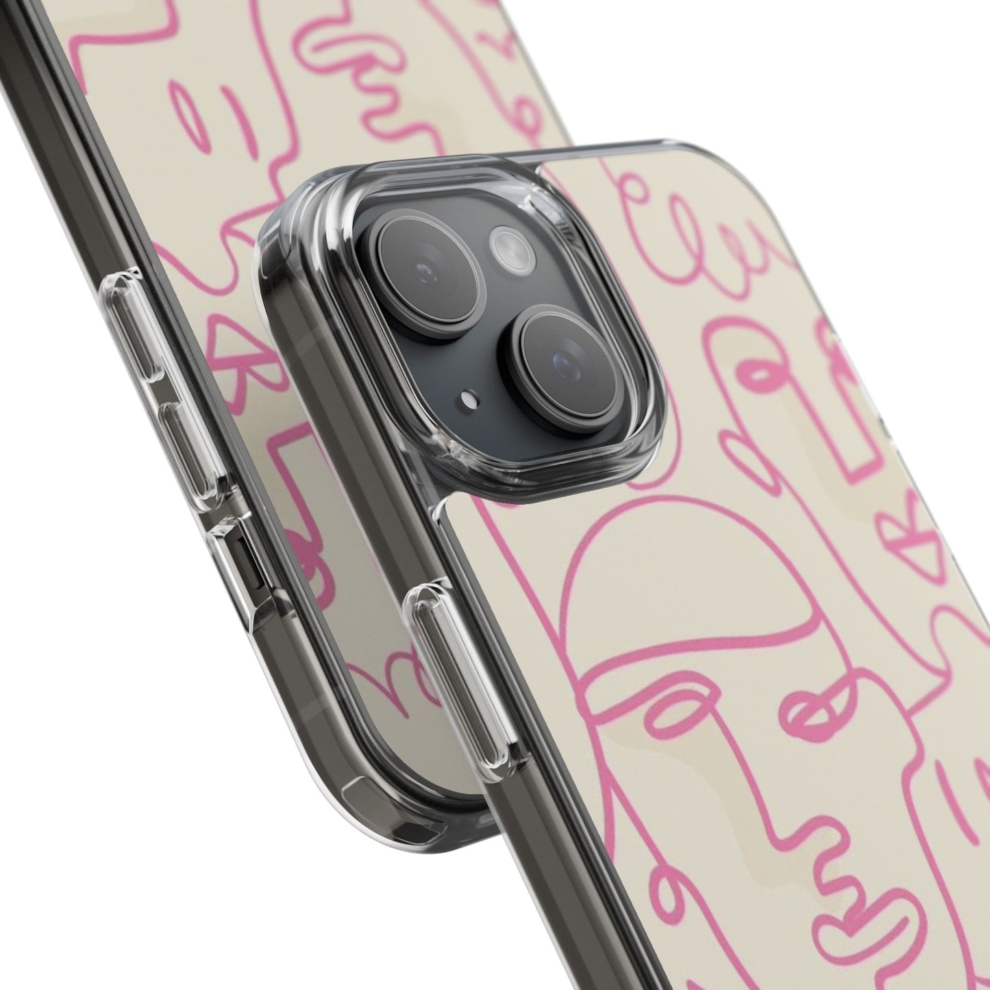 Clear Impact-Resistant Phone Case — Pink Minimalist Line Faces Design