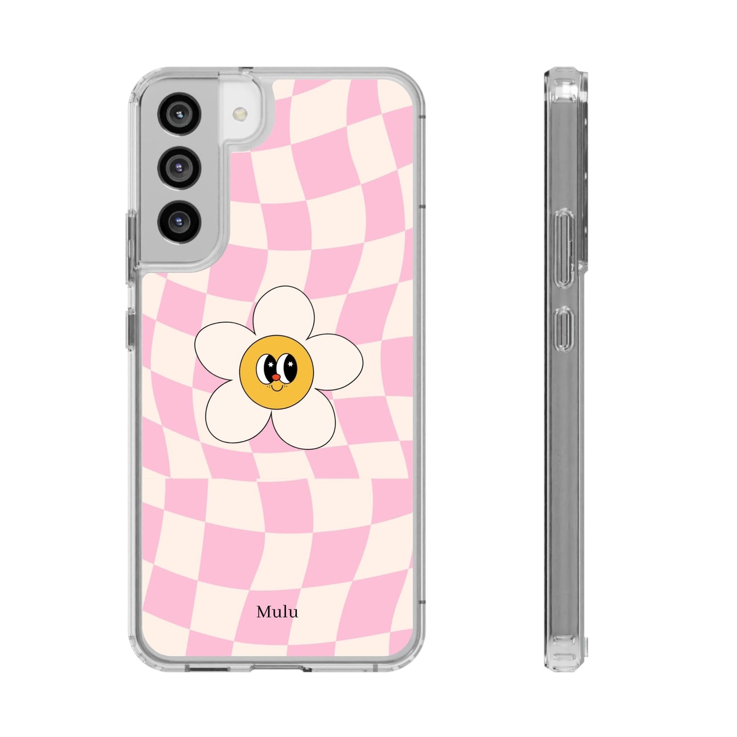 Clear Impact-Resistant Phone Case — Pink Checkerboard Daisy Design