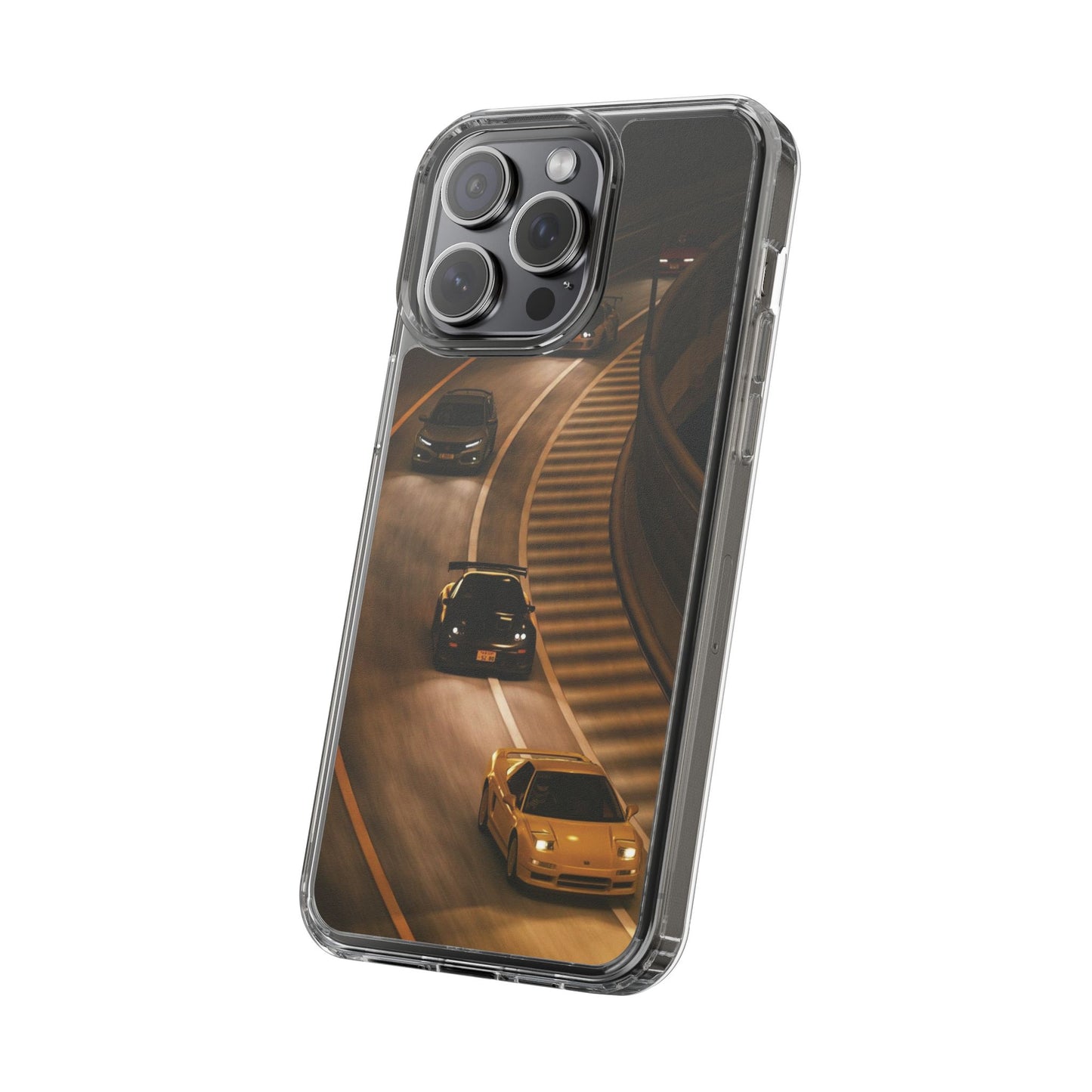 Racing Night Clear Phone Case – Sports Cars on Curved Highway