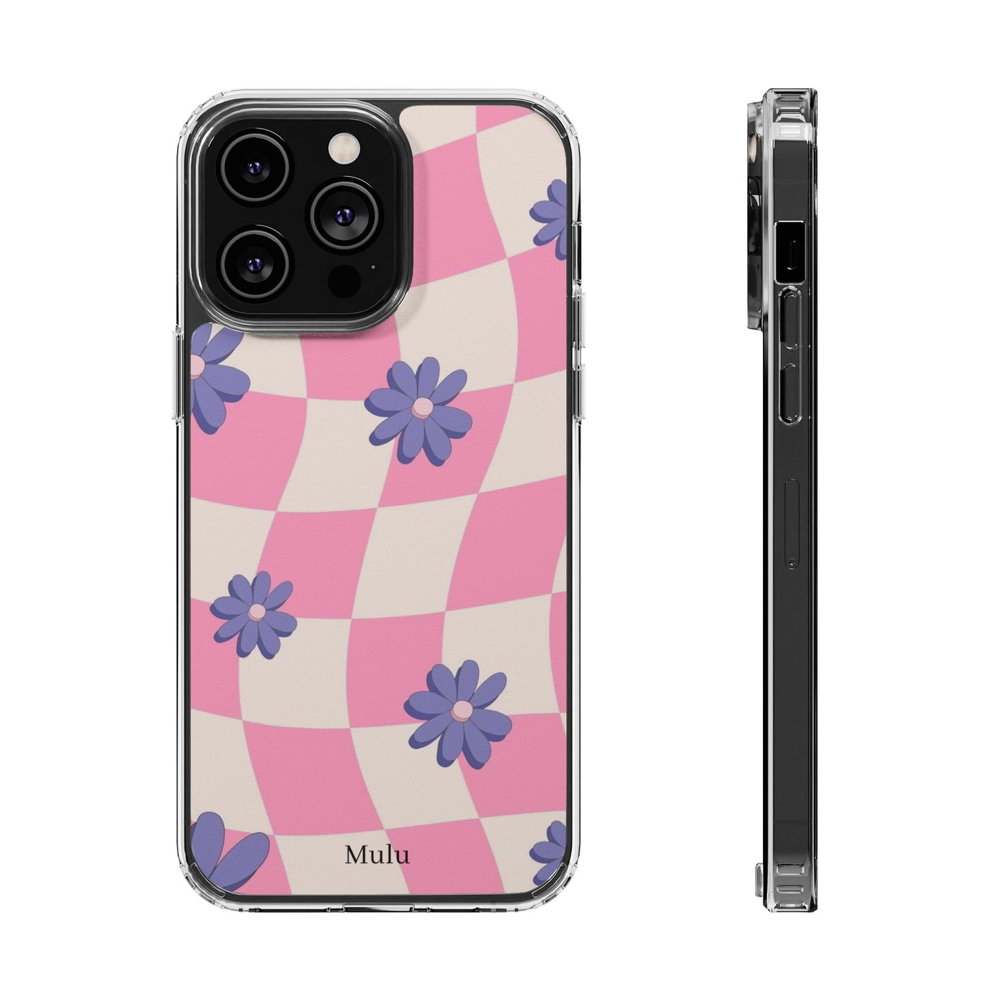 Clear Impact Phone Case — Pink Checkerboard with Purple Flowers