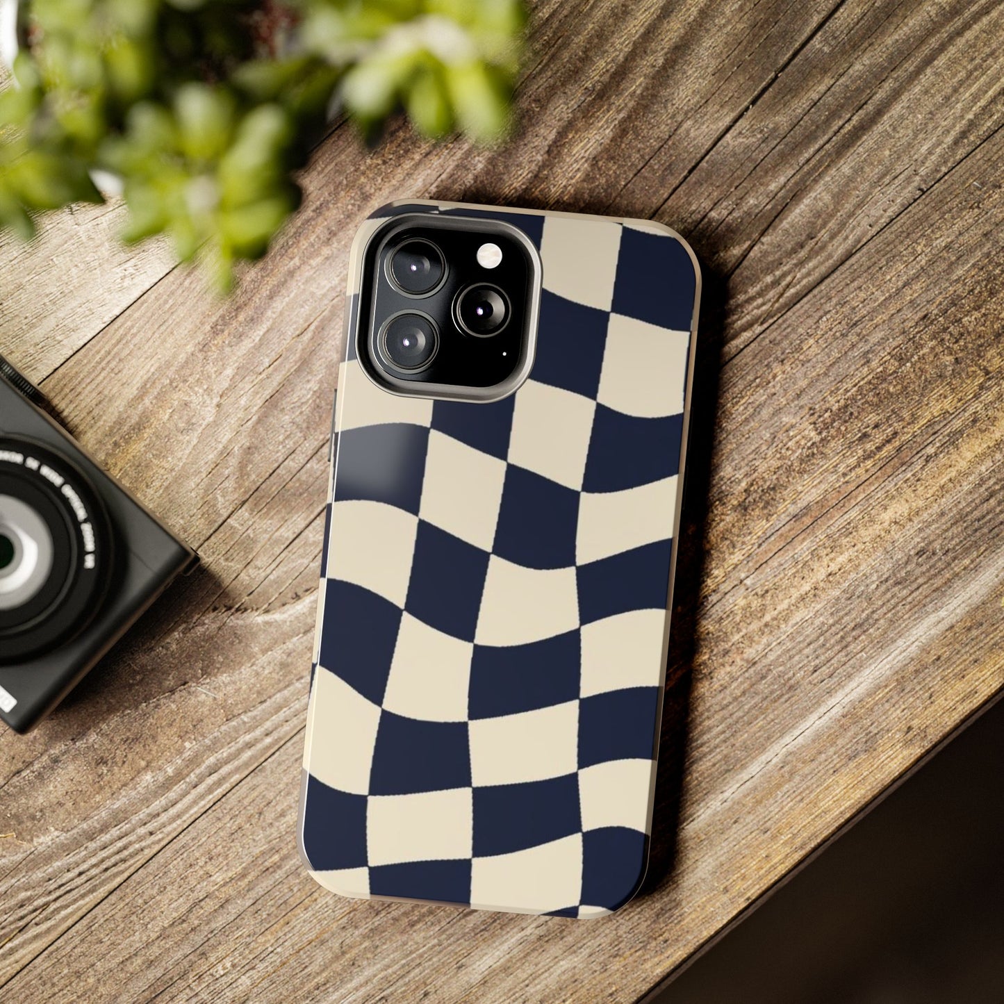 Wavy Checkerboard Tough Phone Case — Navy & Cream Protective Cover