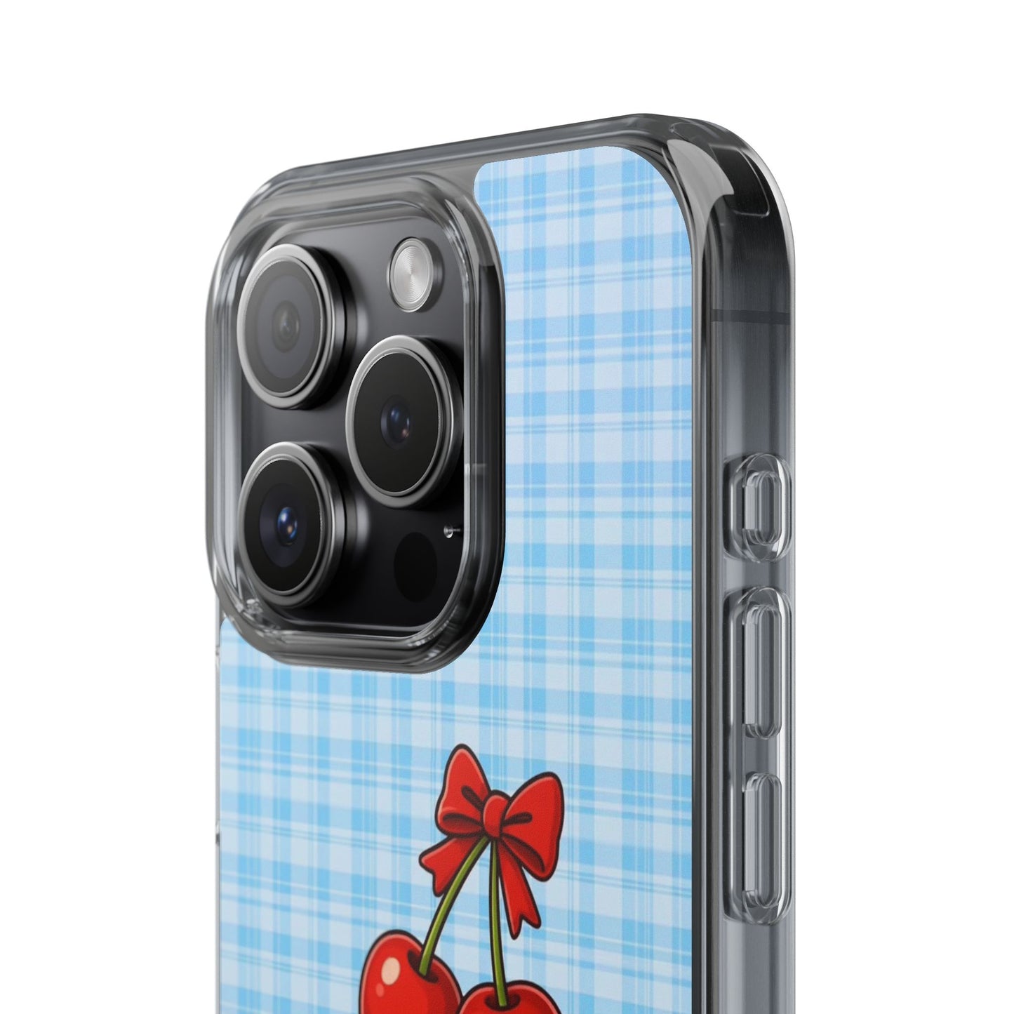 Clear Cherry Gingham Phone Case — Impact-Resistant Clear Case with Red Cherry Design