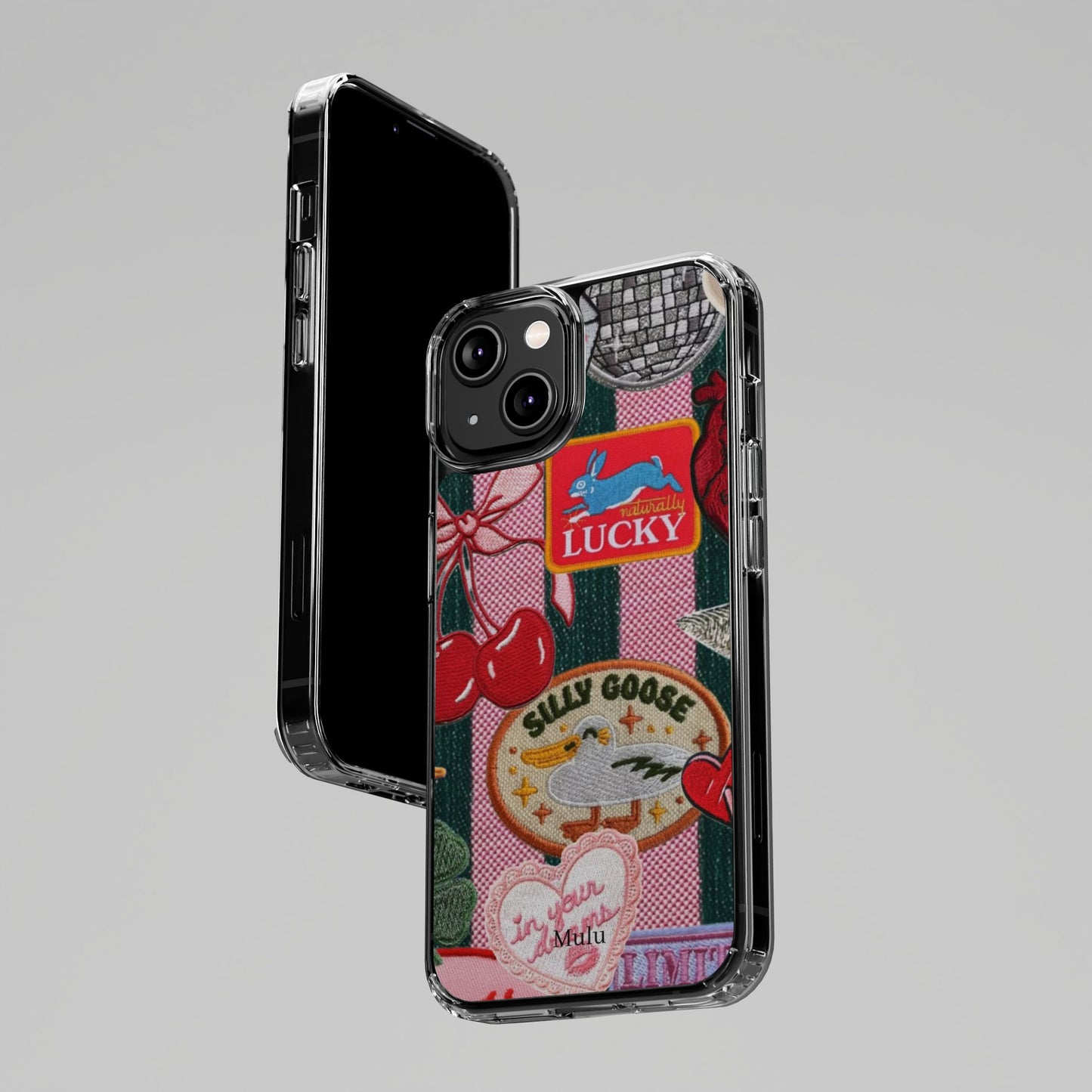 Clear Impact-Resistant Phone Case — Retro Patchwork Stickers (Lucky, Cherries, Silly Goose)
