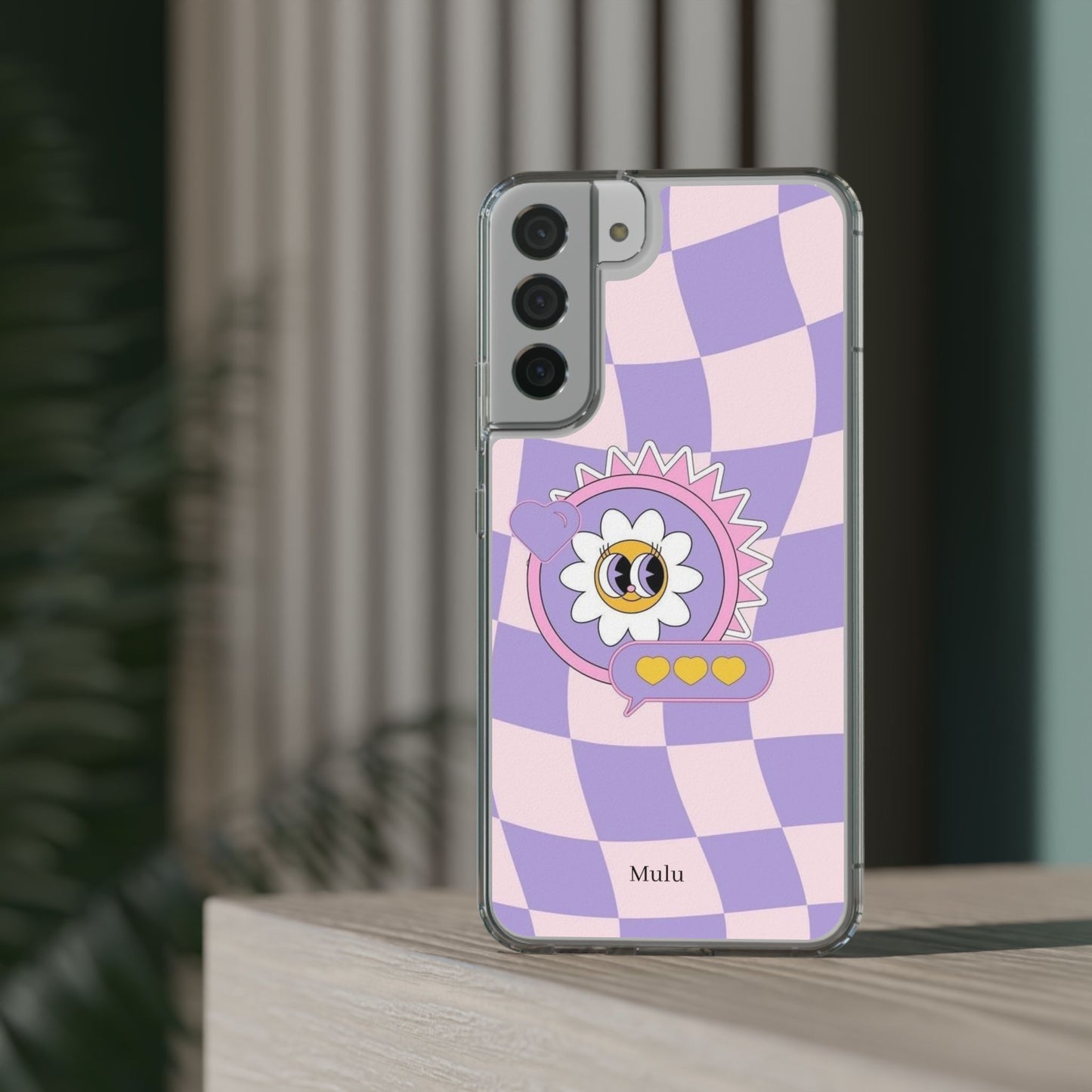 Clear Impact-Resistant Case — Cute Purple Checkerboard Dino with 'Mulu'