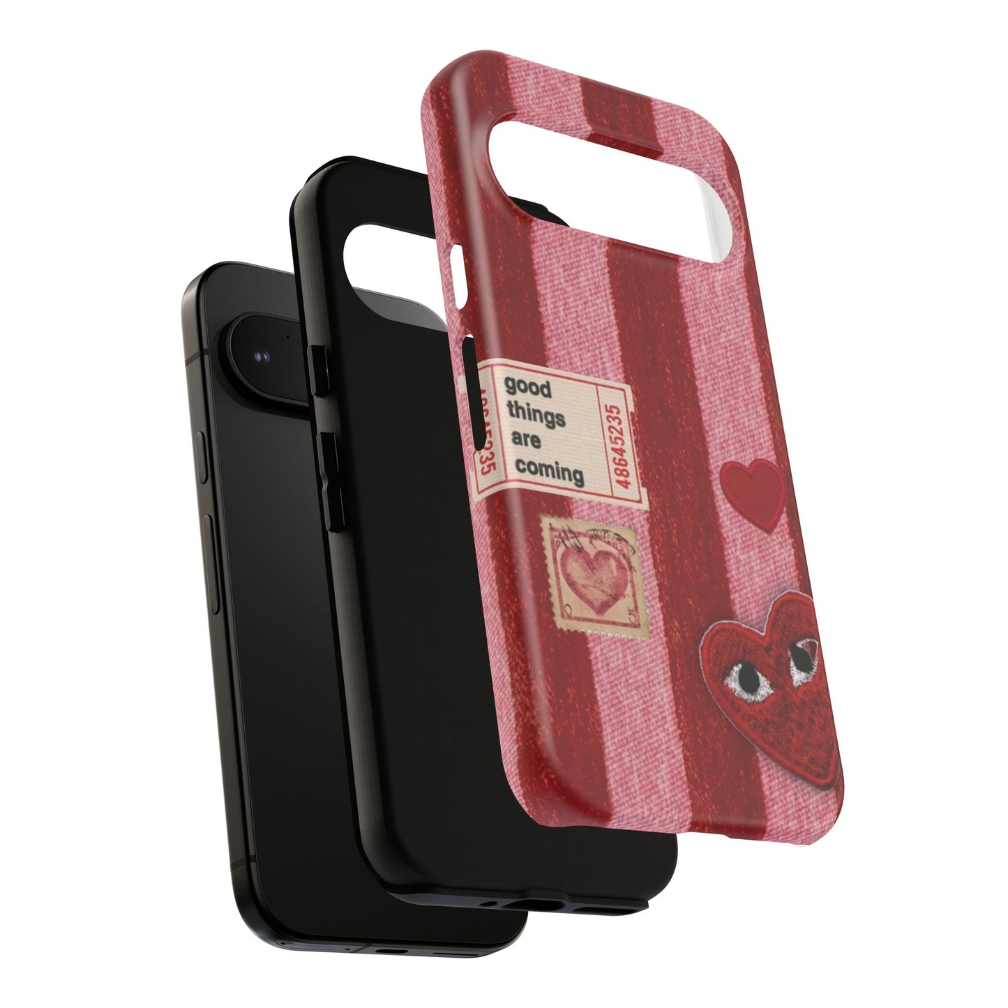 Phone Case — Red Striped Heart Design with “Good Things Are Coming”