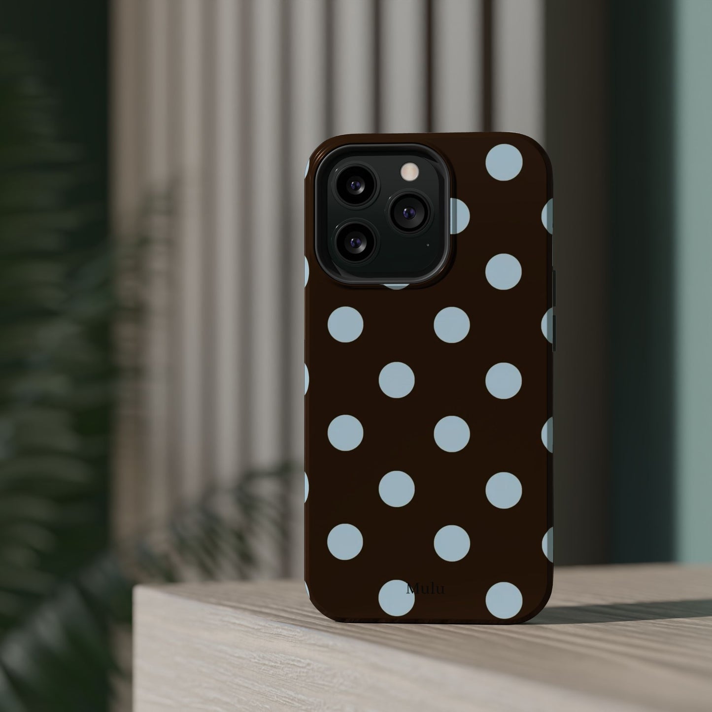 Polka Dot Magnetic Phone Case — Brown with Light Blue Dots, Impact-Resistant
