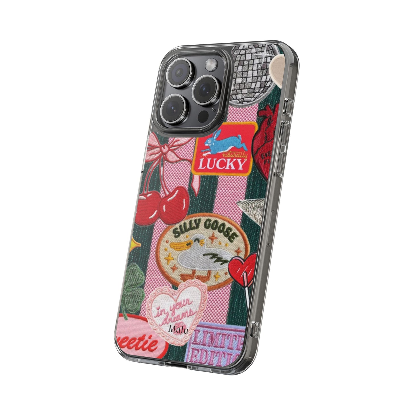 Clear Impact-Resistant Phone Case — Retro Patchwork Stickers (Lucky, Cherries, Silly Goose)