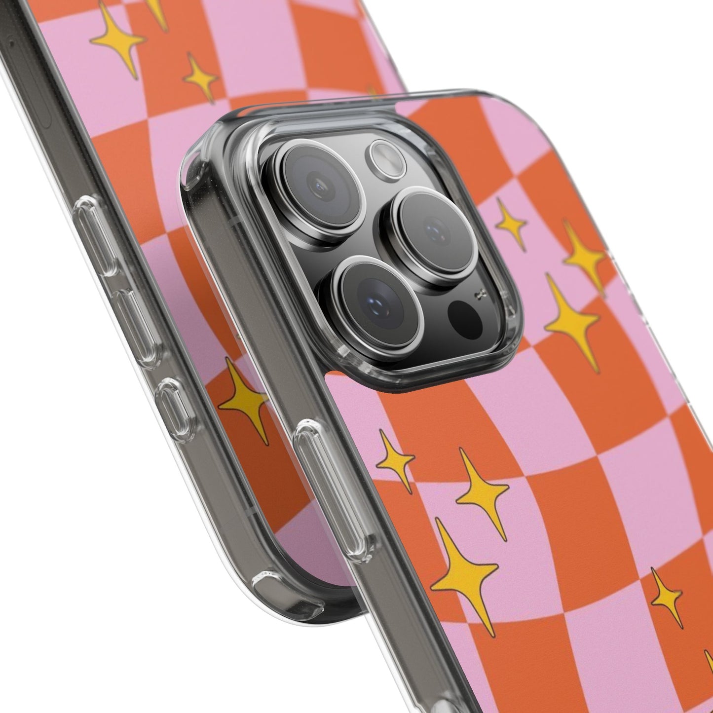 Clear Impact-Resistant Case — Retro Pink & Orange Checker with Sparkle Stars