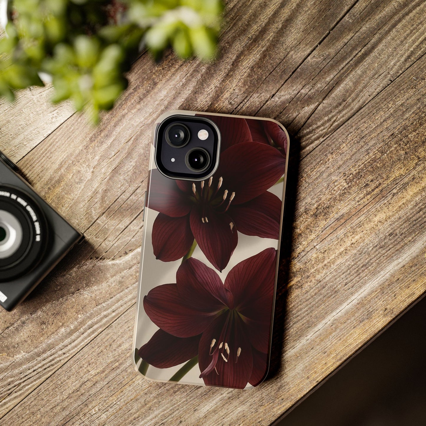 Amaryllis Noir Tough Phone Case — Dark Burgundy Floral Protective Cover