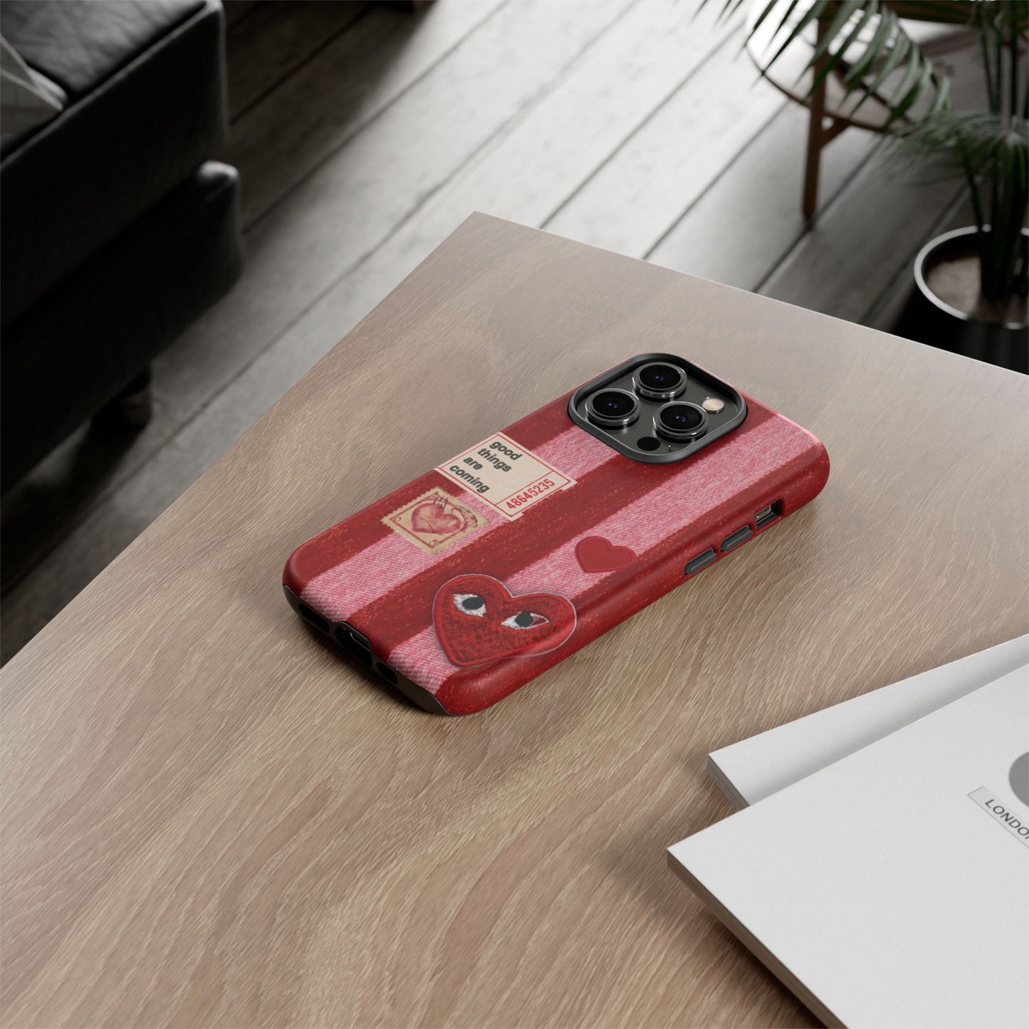 Phone Case — Red Striped Heart Design with “Good Things Are Coming”