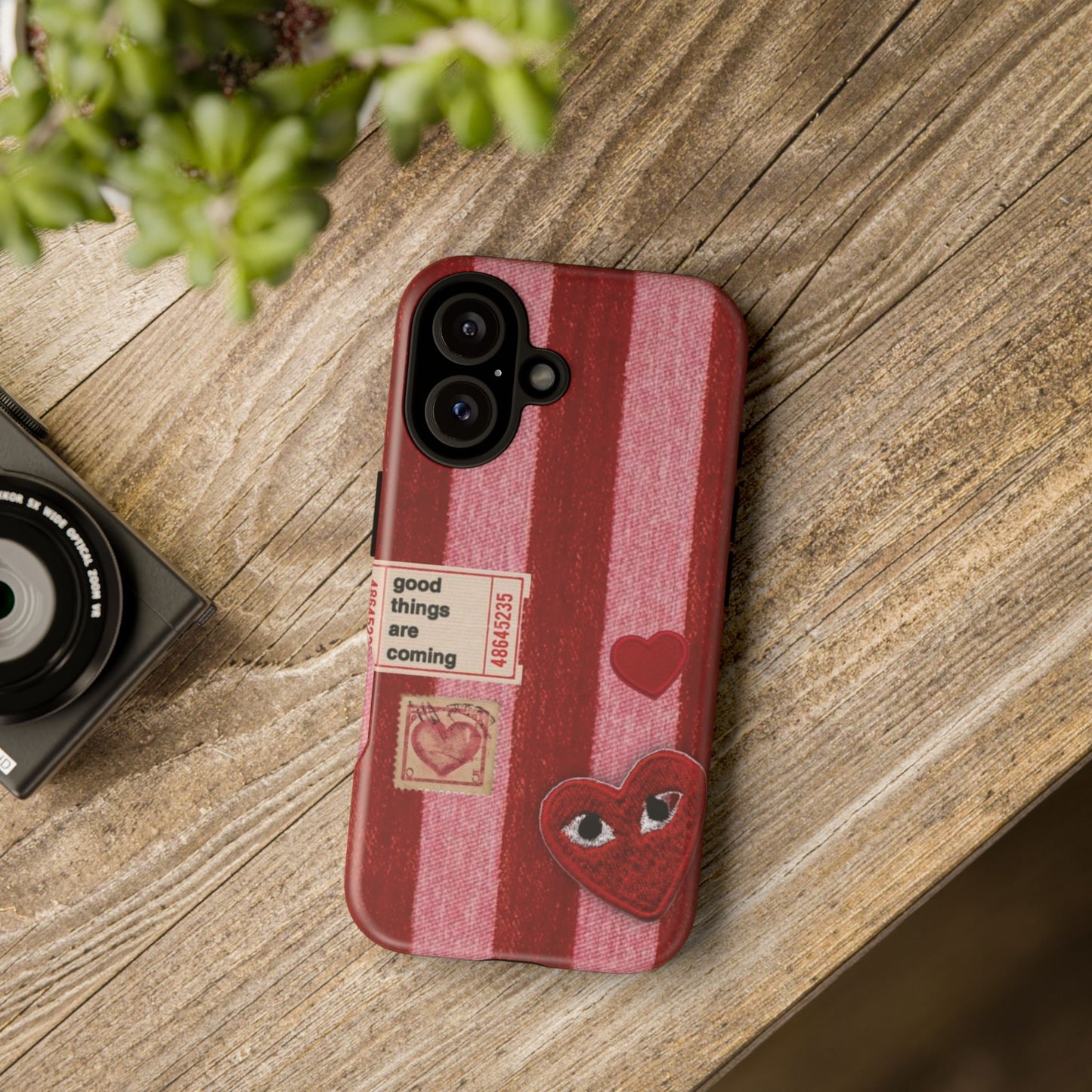 Phone Case — Red Striped Heart Design with “Good Things Are Coming”