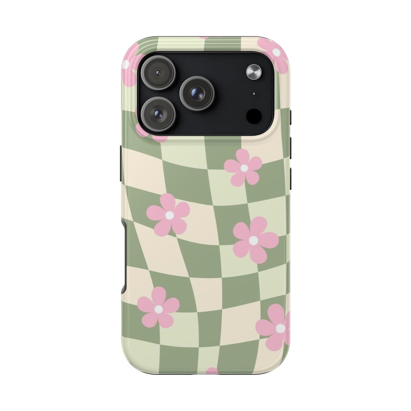 Tough Phone Case — Retro Green Checkerboard with Pink Flowers