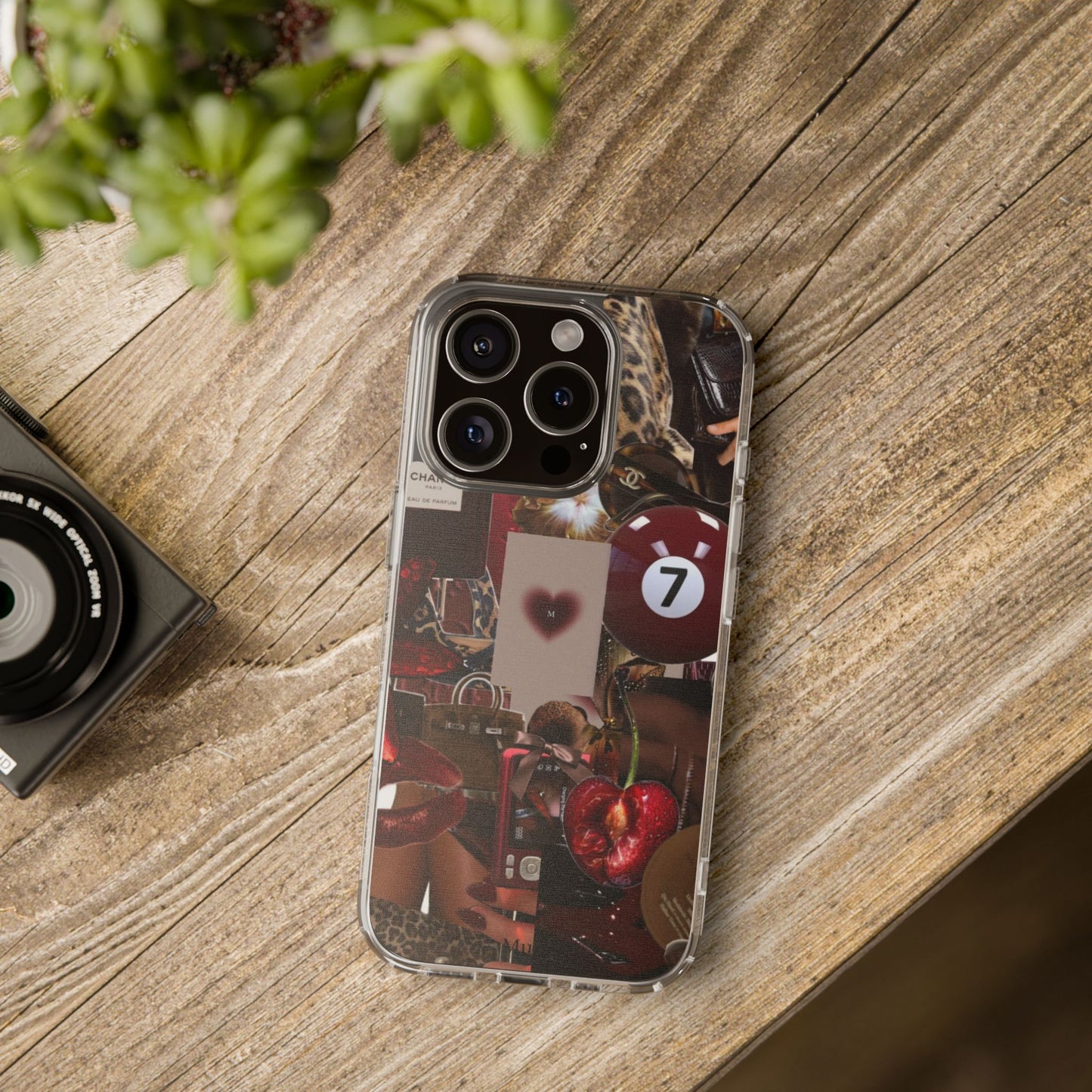 Clear Impact-Resistant Phone Case — Retro Cherry Collage Design