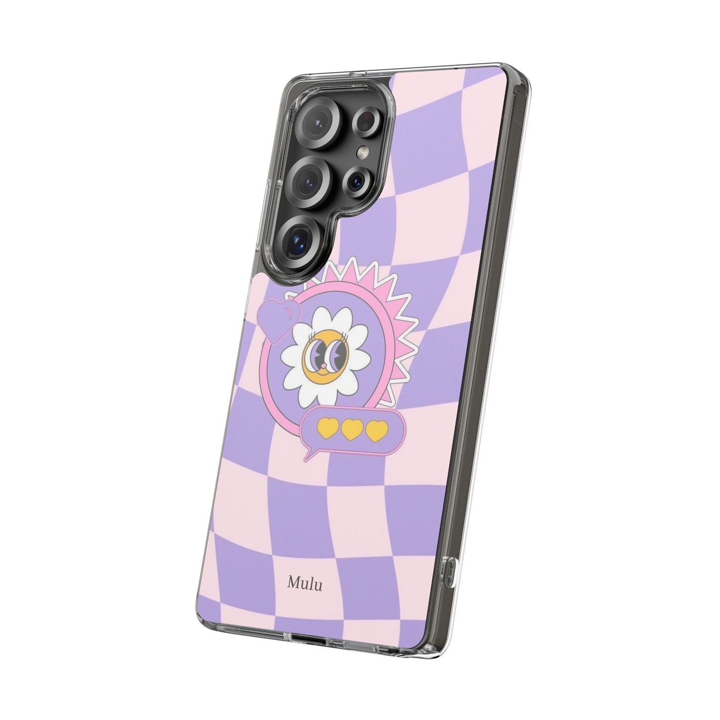Clear Impact-Resistant Case — Cute Purple Checkerboard Dino with 'Mulu'