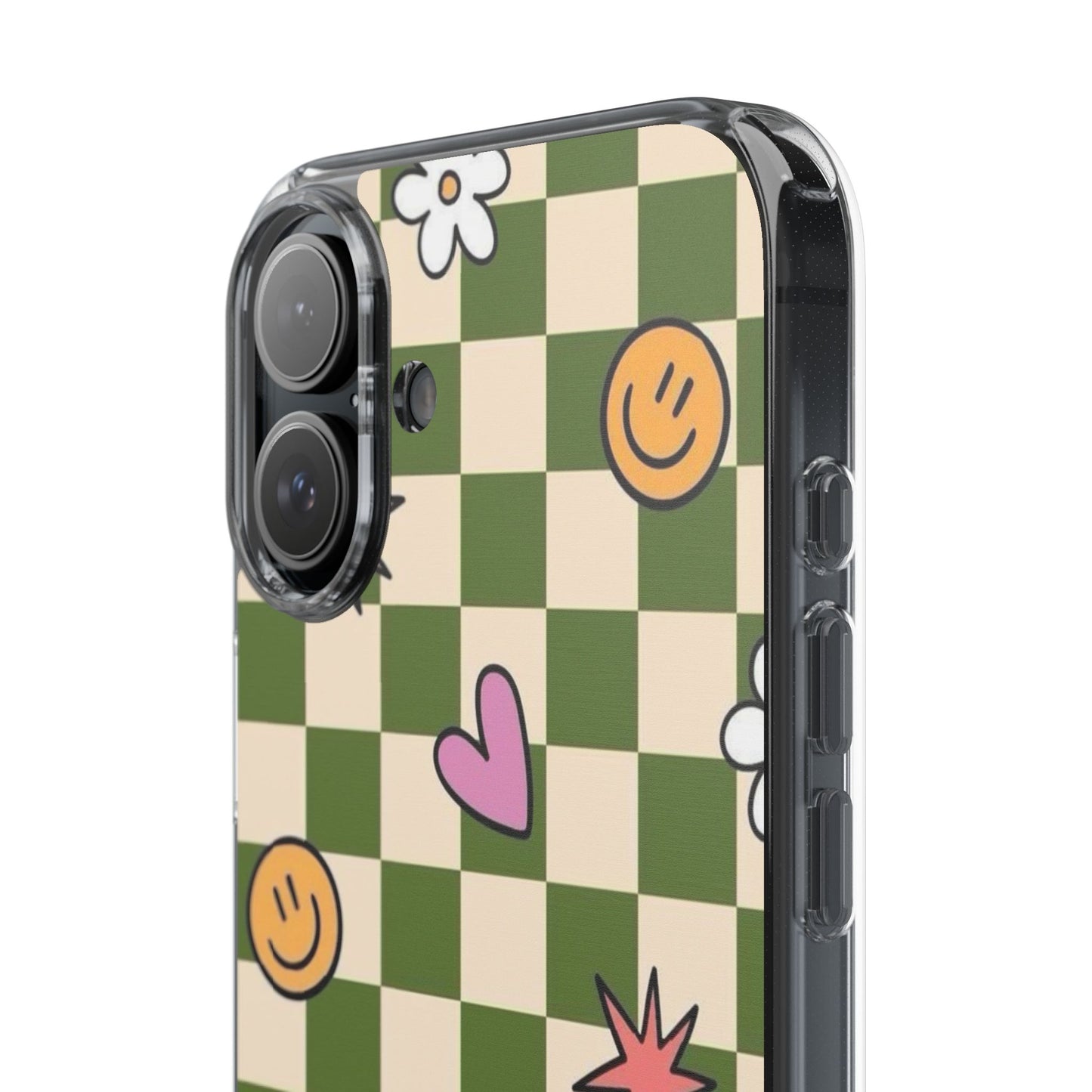 Clear Impact-Resistant Case — Retro Green Checkerboard with Smiley, Hearts & Flowers