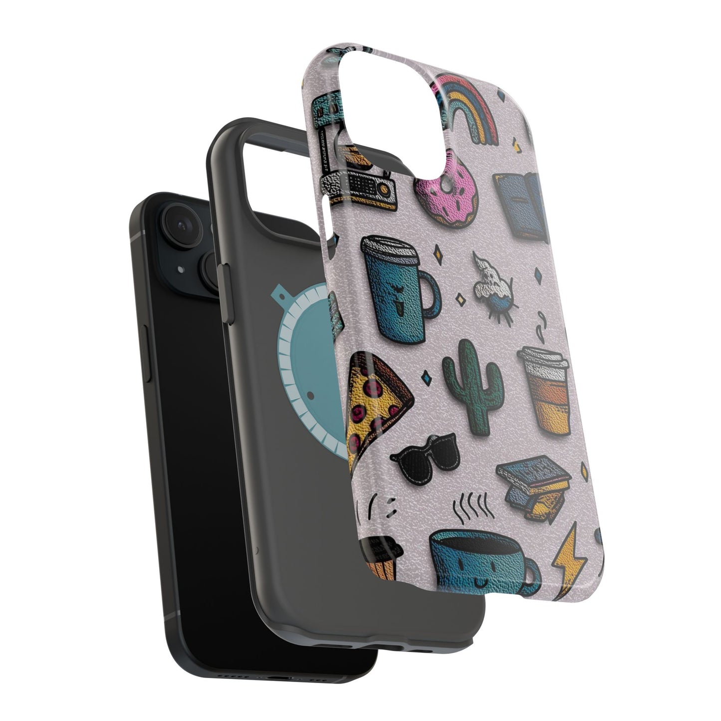 Cute Doodle Phone Case — Magnetic Impact-Resistant Design (coffee, rainbow, cactus)