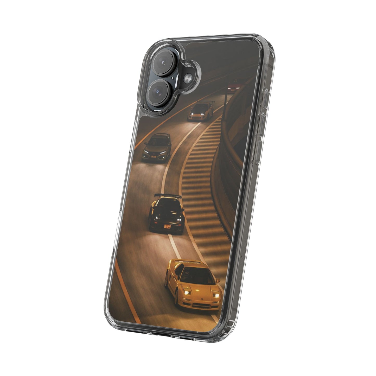 Racing Night Clear Phone Case – Sports Cars on Curved Highway