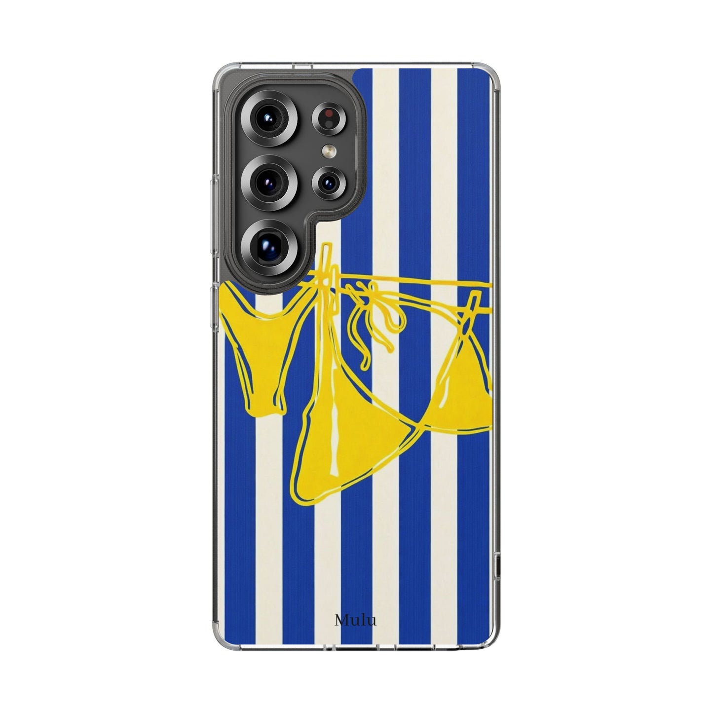 Striped Beach Bikini Phone Case — Yellow Swimwear on Blue & White Stripes, Clear Impact-Resistant