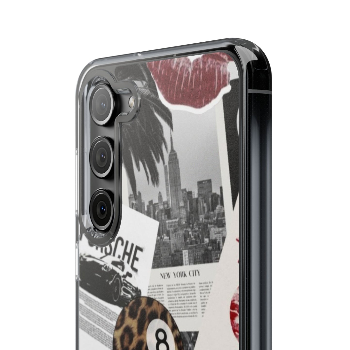 Clear Impact-Resistant Phone Case — Collage Luxury Leopard & Vintage Car Design