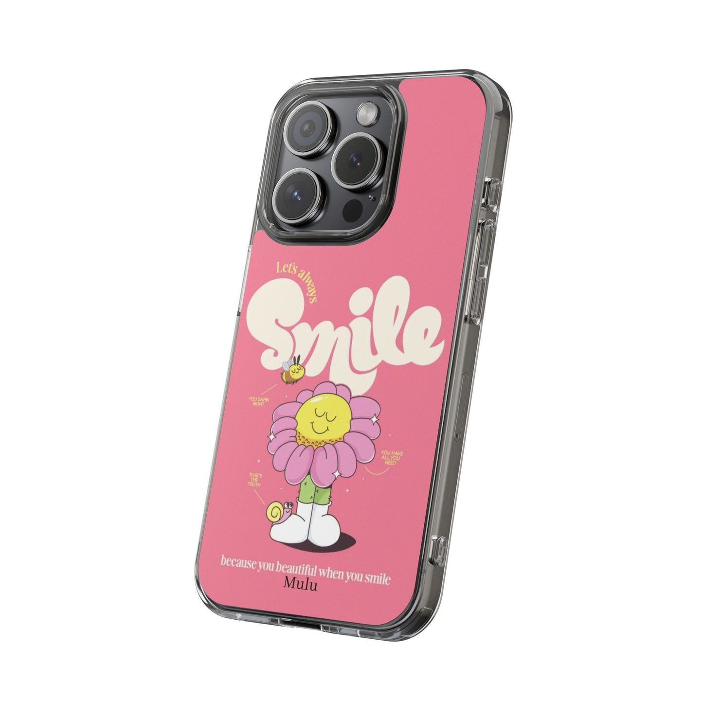 Clear Impact-Resistant Phone Case — Pink 'Smile' Flower Design