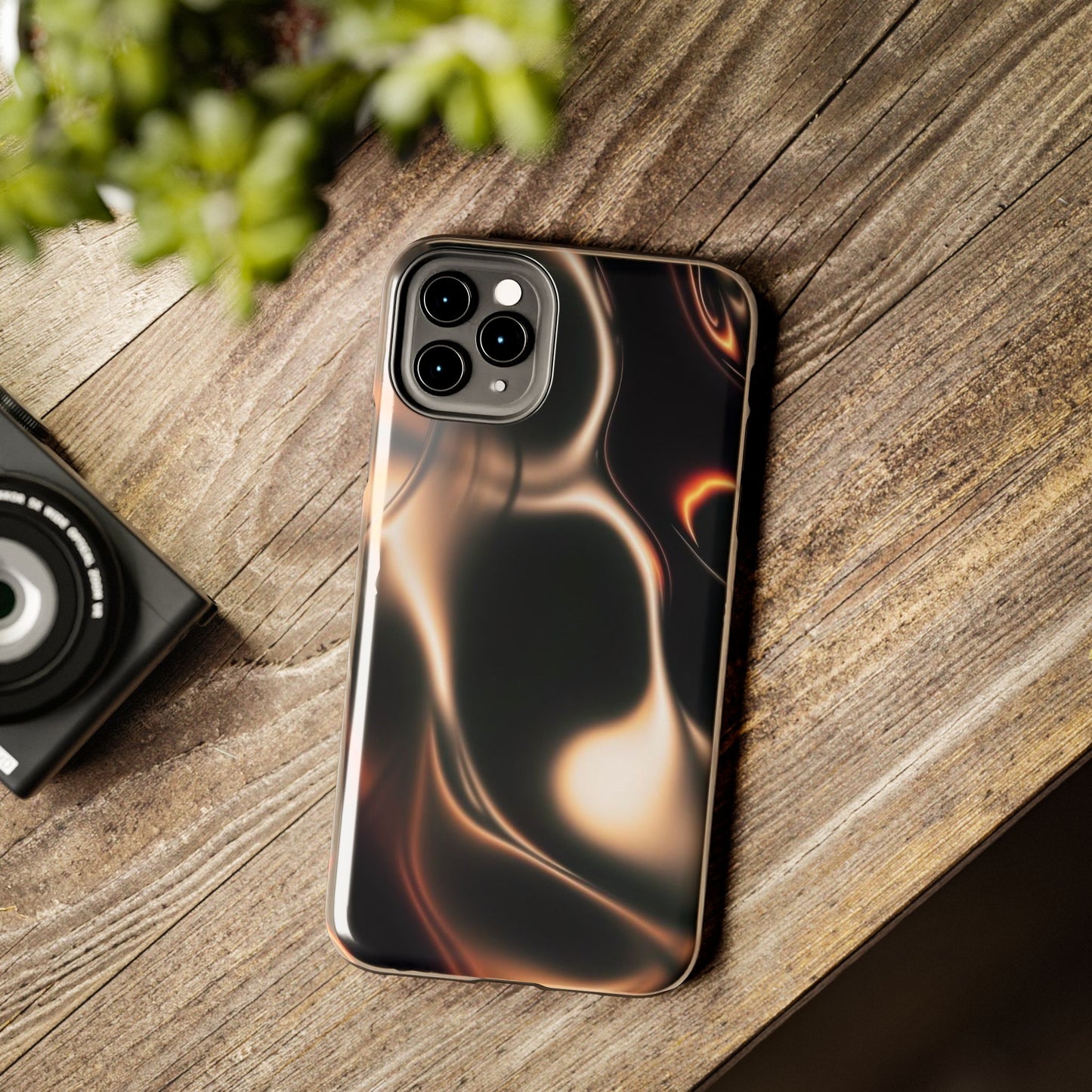 Abstract Liquid Glow Tough Phone Case — Black & Bronze Swirl Protective Cover