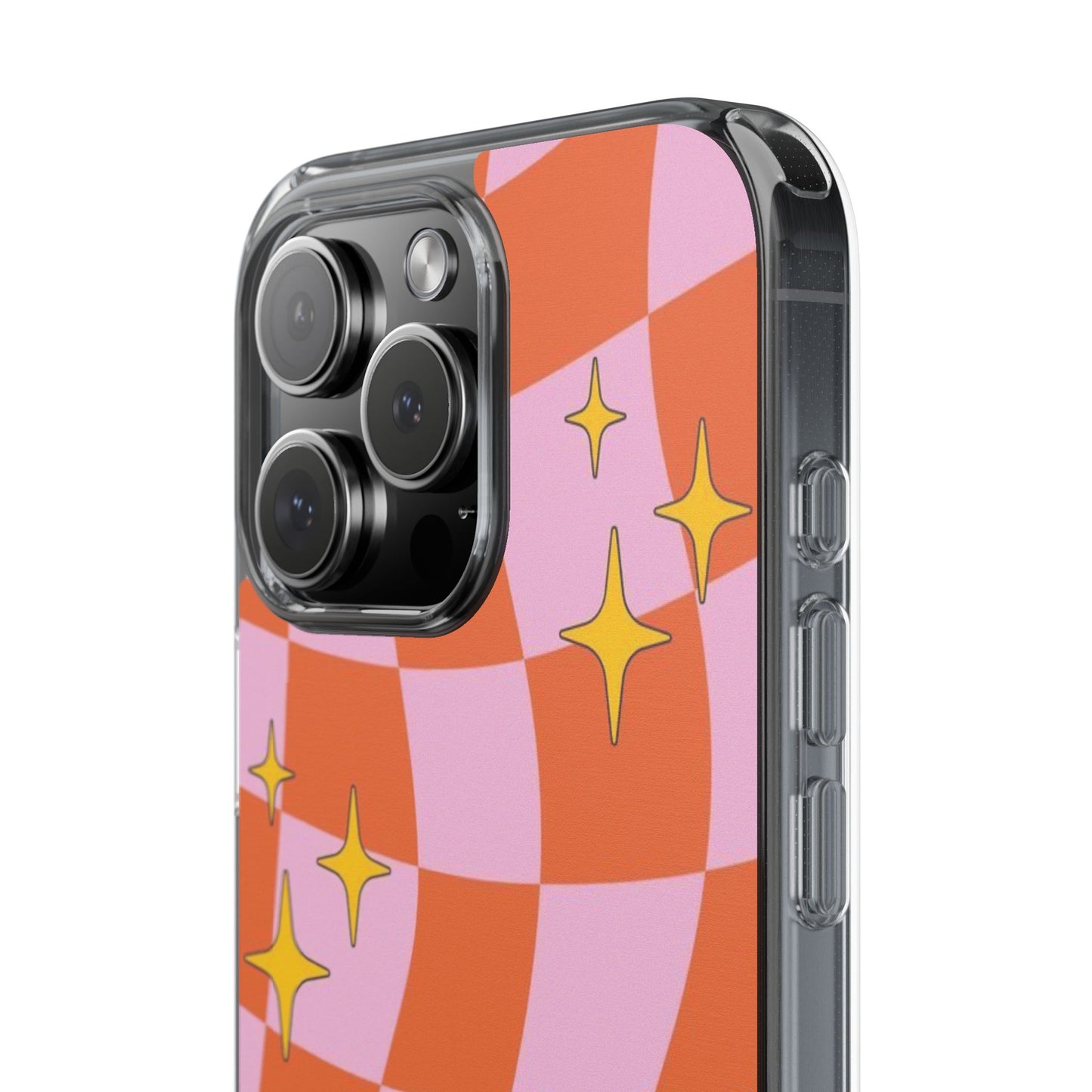Clear Impact-Resistant Case — Retro Pink & Orange Checker with Sparkle Stars