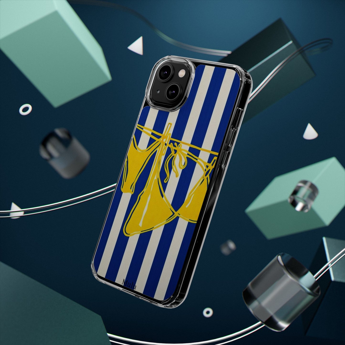 Striped Beach Bikini Phone Case — Yellow Swimwear on Blue & White Stripes, Clear Impact-Resistant