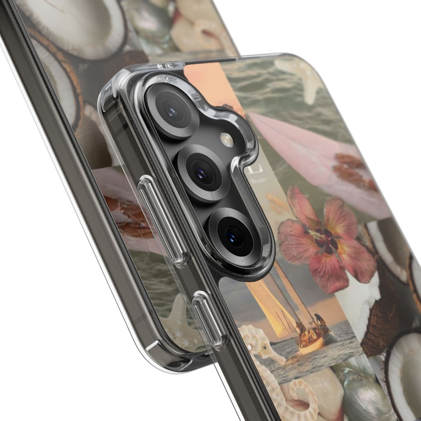 Clear Phone Case — Coastal Collage Shells & Surf Design