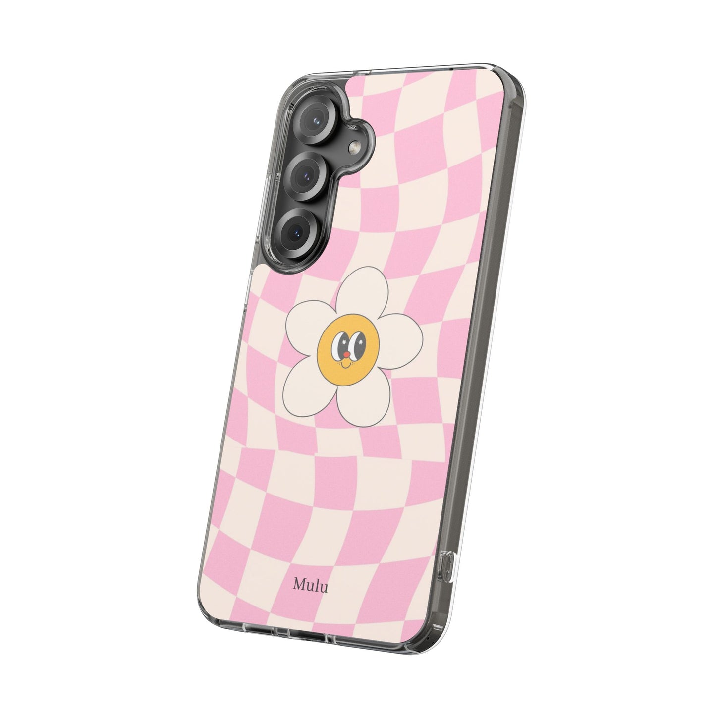 Clear Impact-Resistant Phone Case — Pink Checkerboard Daisy Design