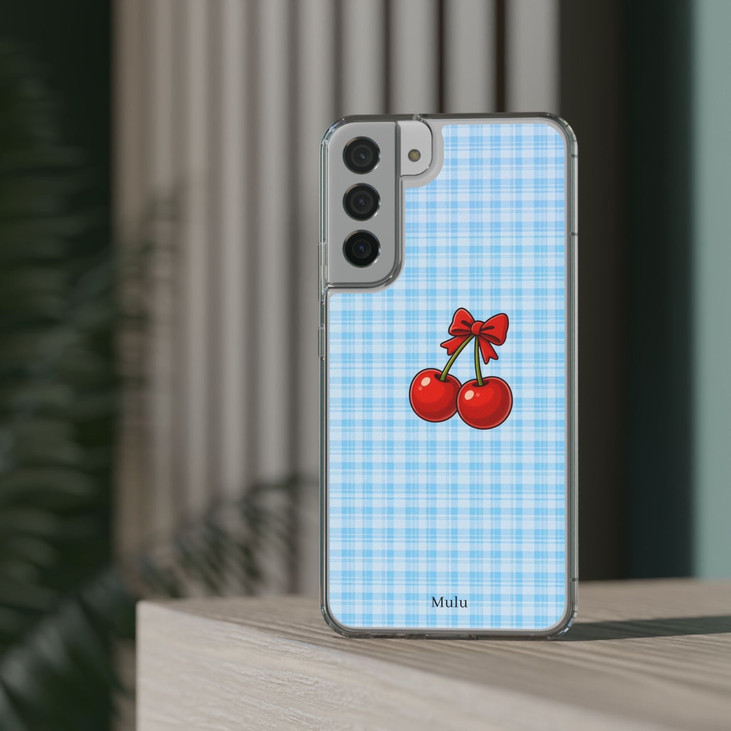 Clear Cherry Gingham Phone Case — Impact-Resistant Clear Case with Red Cherry Design