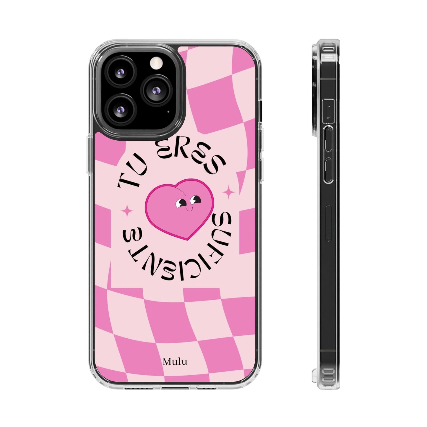 Clear Impact-Resistant Phone Case — Pink Checkerheart “Tu Eres Suficiente” Design