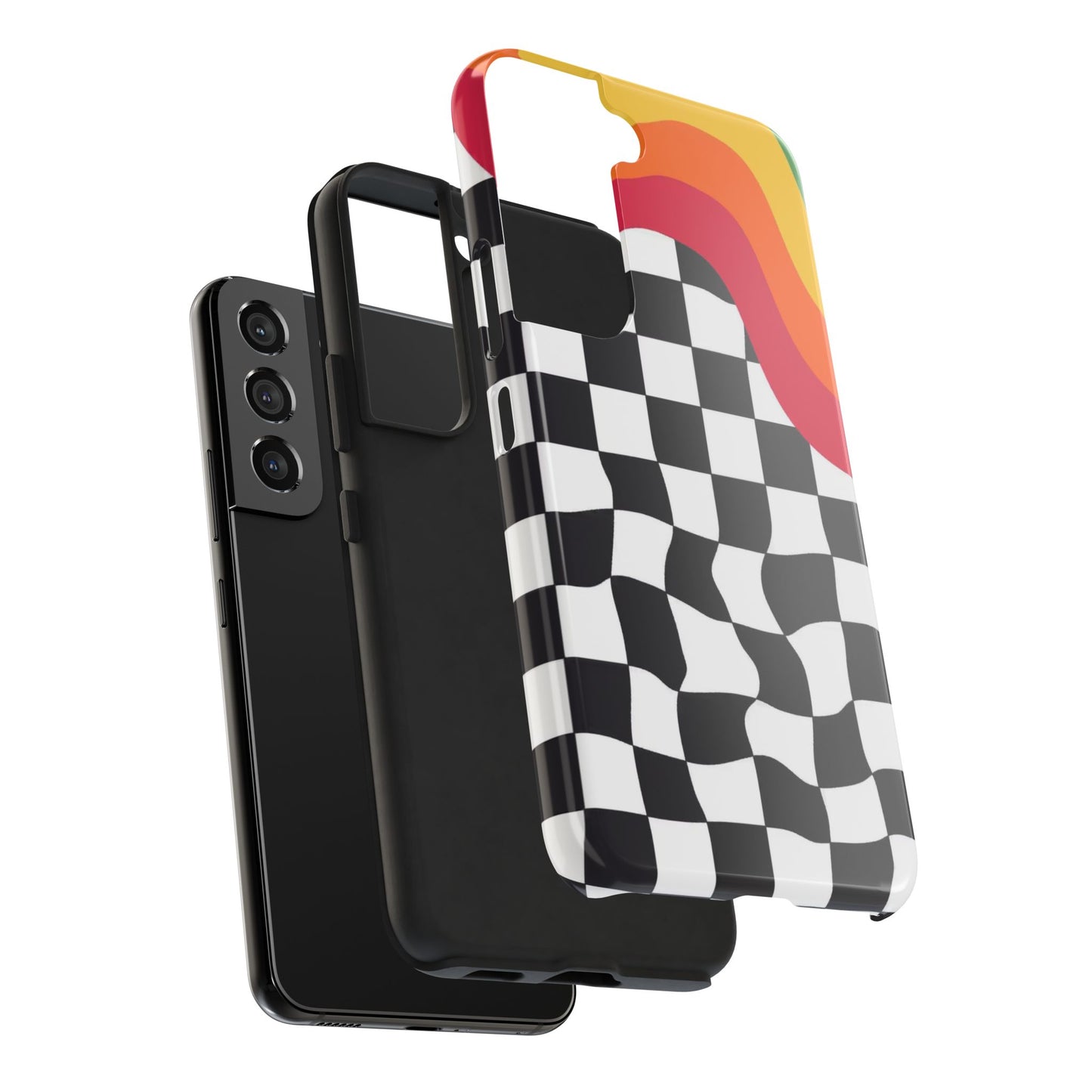 Retro Wavy Checkerboard Tough Phone Case — Rainbow Surf Skate Design