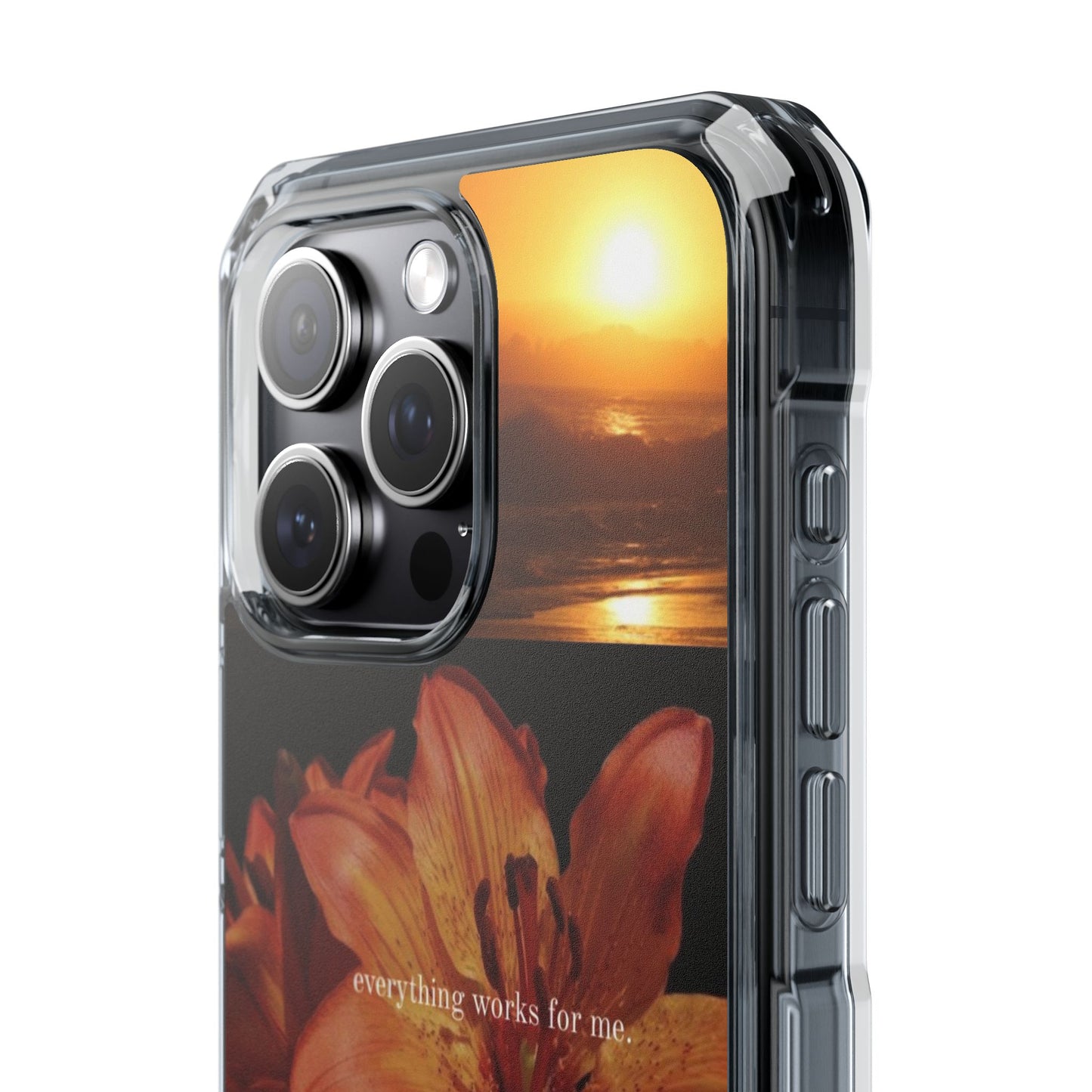 Clear Magnetic Phone Case — Sunset Lily Design ("anything waits for you")