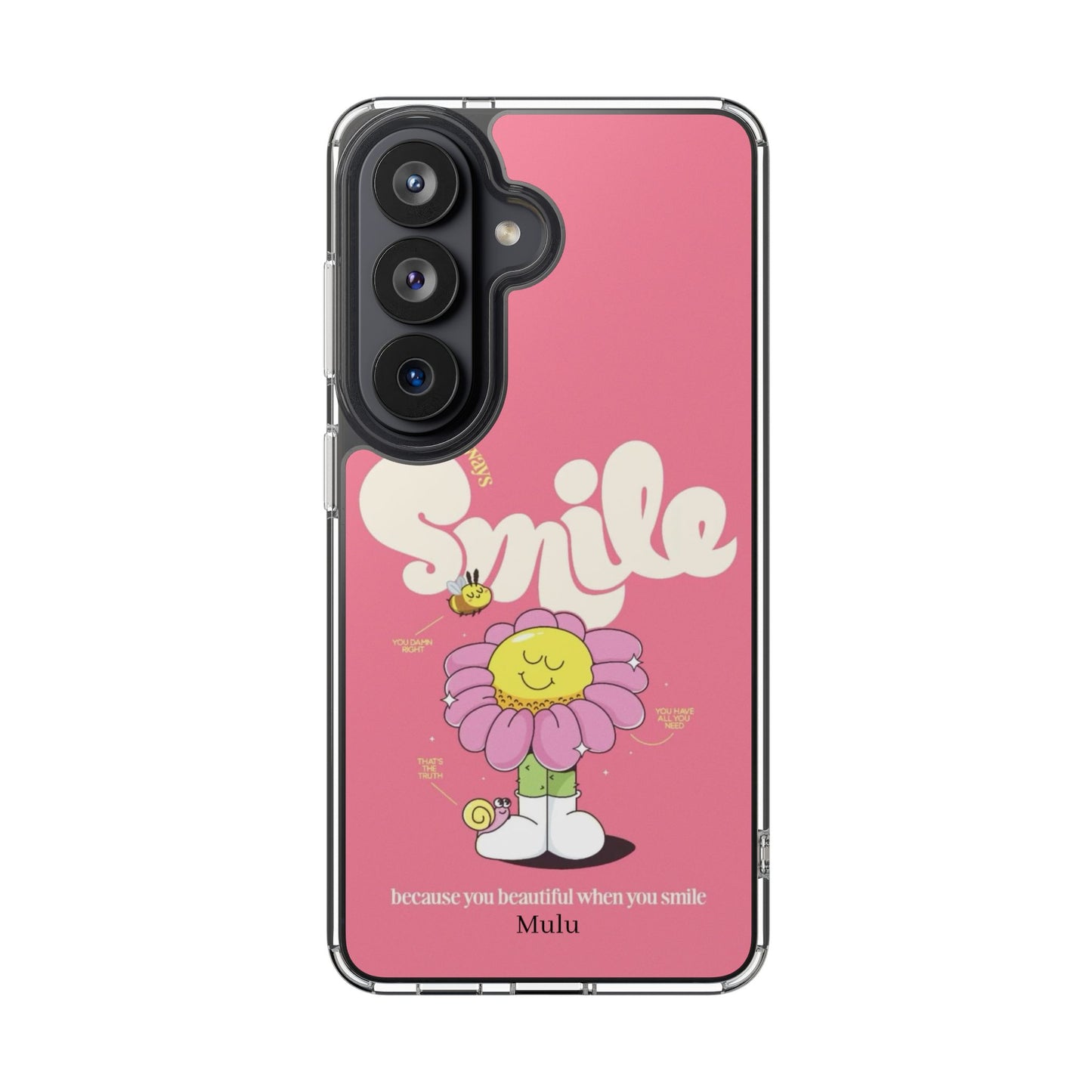 Clear Impact-Resistant Phone Case — Pink 'Smile' Flower Design