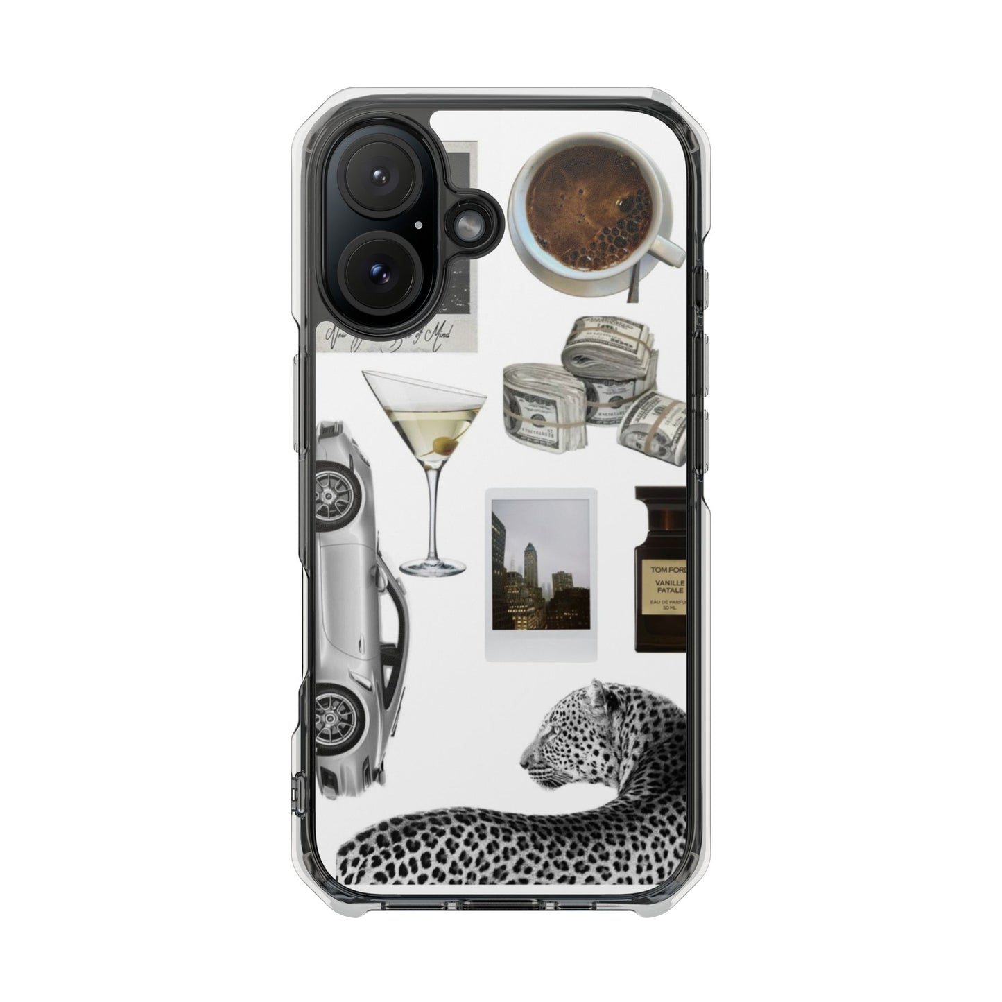 Clear Impact Phone Case — Luxe Collage (Leopard, Martini, Coffee & Vintage Car)