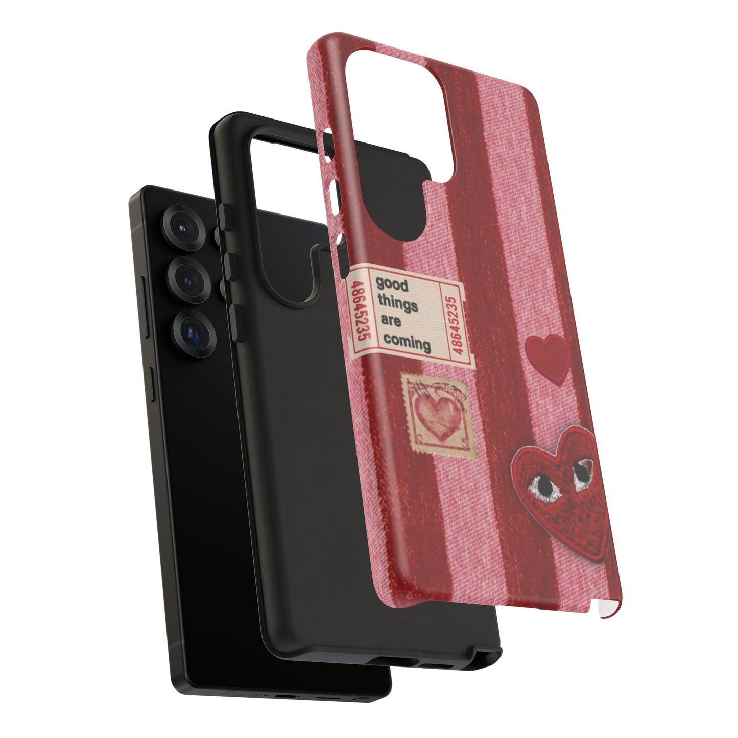 Phone Case — Red Striped Heart Design with “Good Things Are Coming”