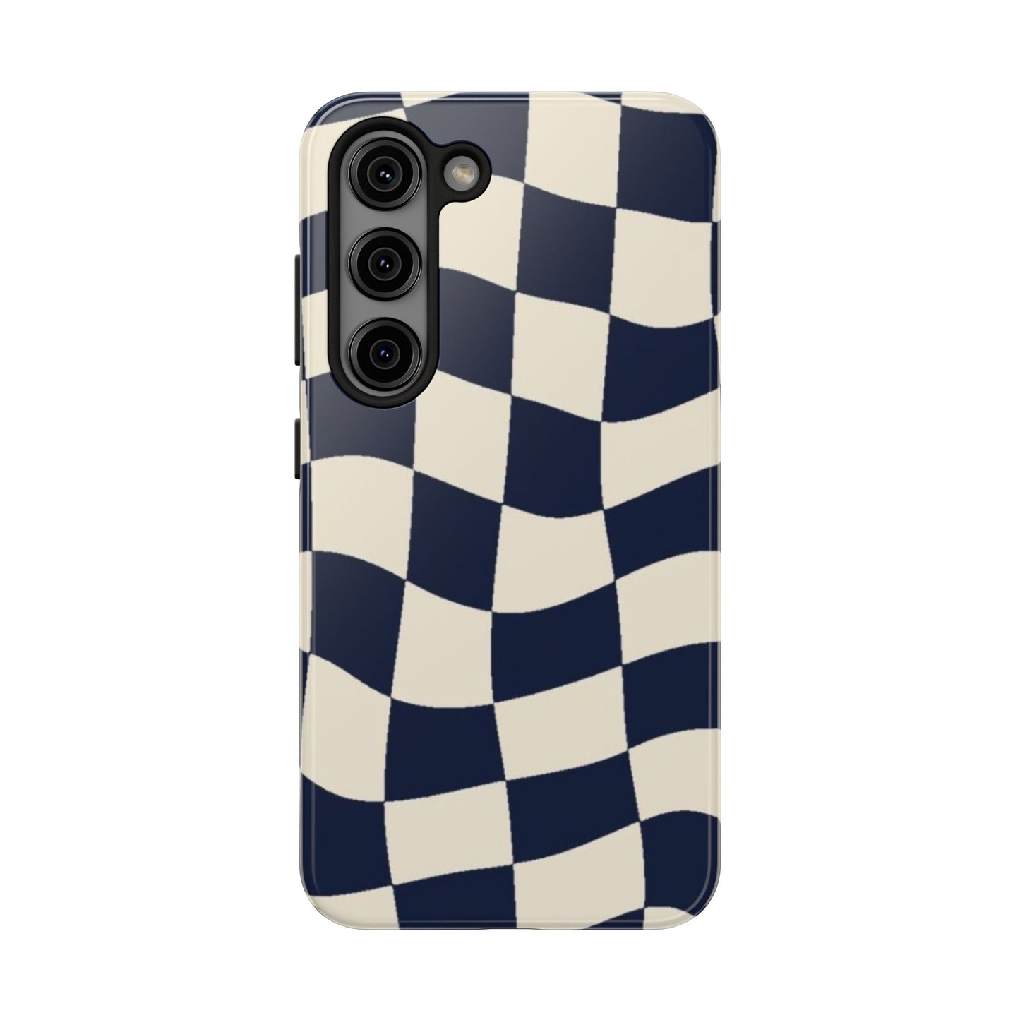Wavy Checkerboard Tough Phone Case — Navy & Cream Protective Cover