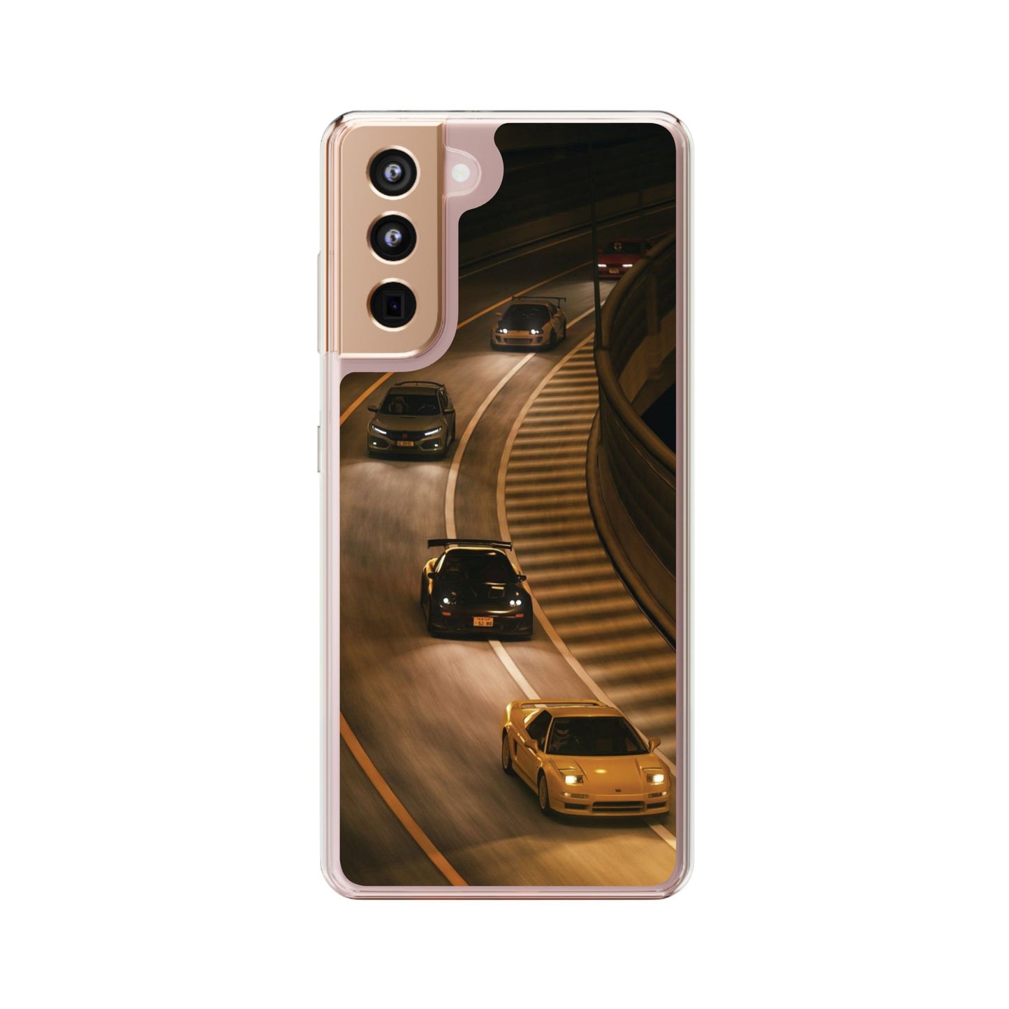 Racing Night Clear Phone Case – Sports Cars on Curved Highway