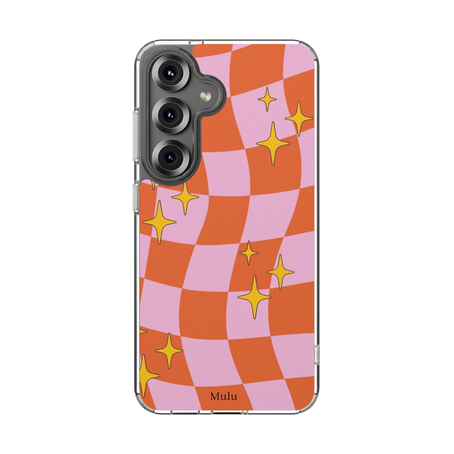 Clear Impact-Resistant Case — Retro Pink & Orange Checker with Sparkle Stars