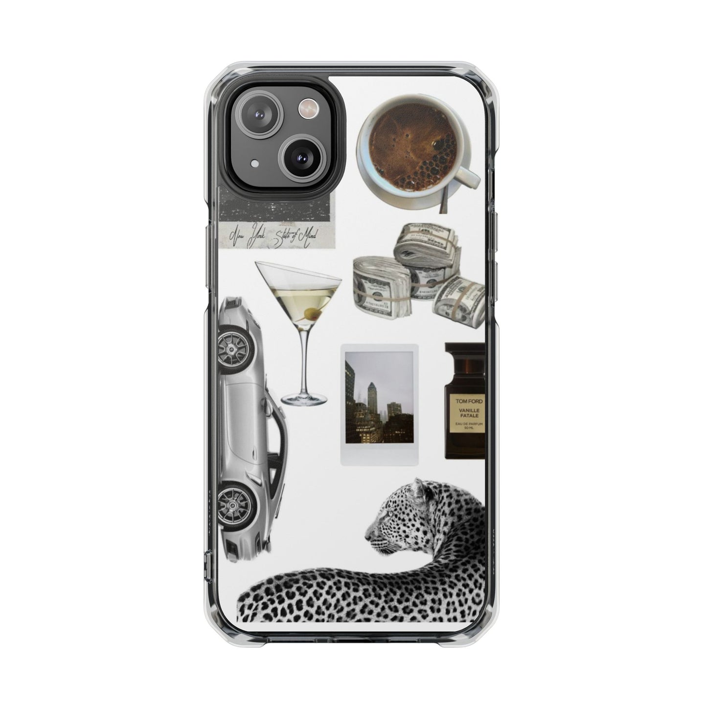 Clear Impact Phone Case — Luxe Collage (Leopard, Martini, Coffee & Vintage Car)