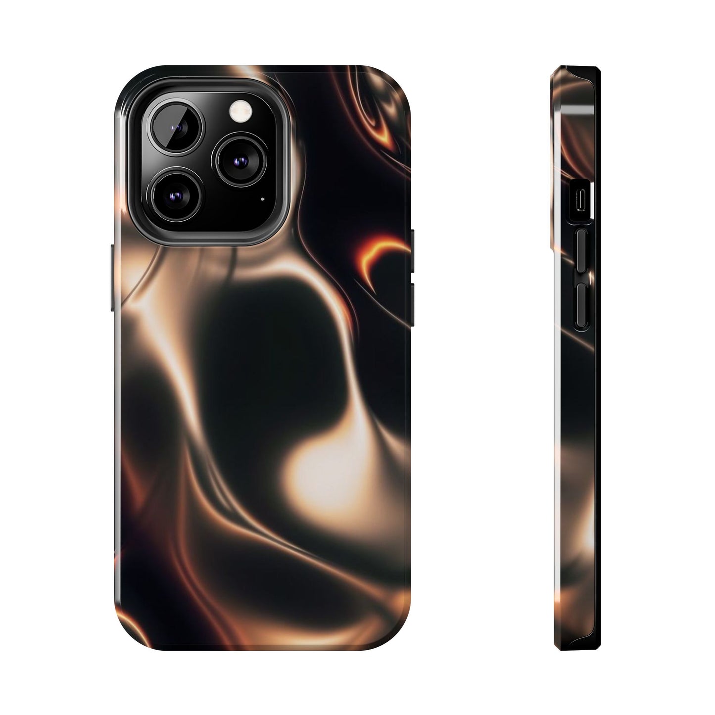Abstract Liquid Glow Tough Phone Case — Black & Bronze Swirl Protective Cover
