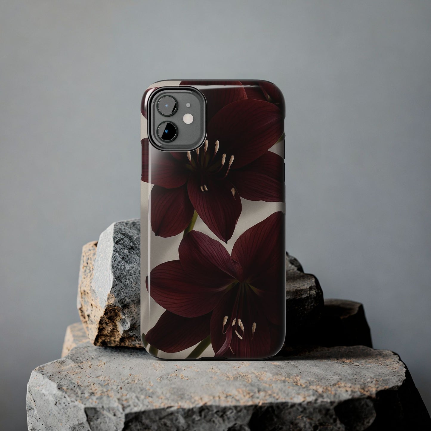 Amaryllis Noir Tough Phone Case — Dark Burgundy Floral Protective Cover