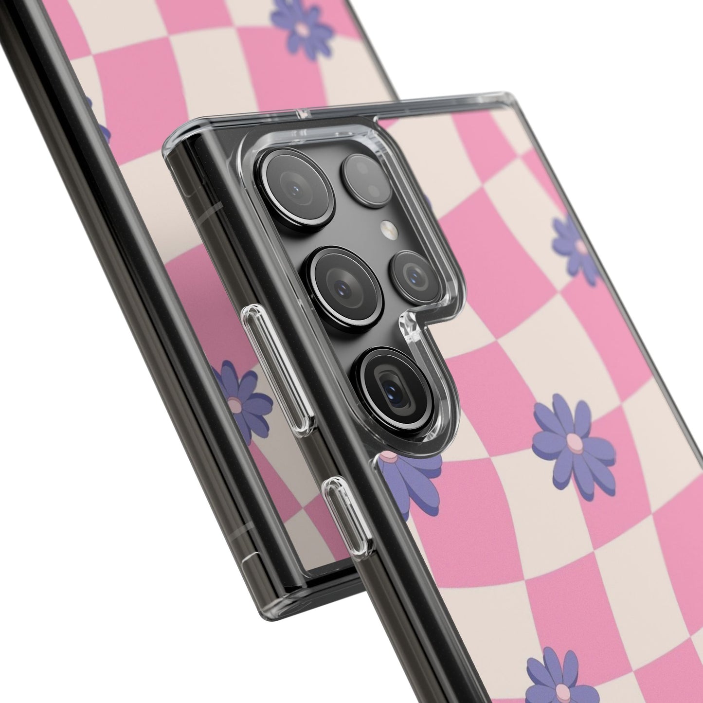 Clear Impact Phone Case — Pink Checkerboard with Purple Flowers