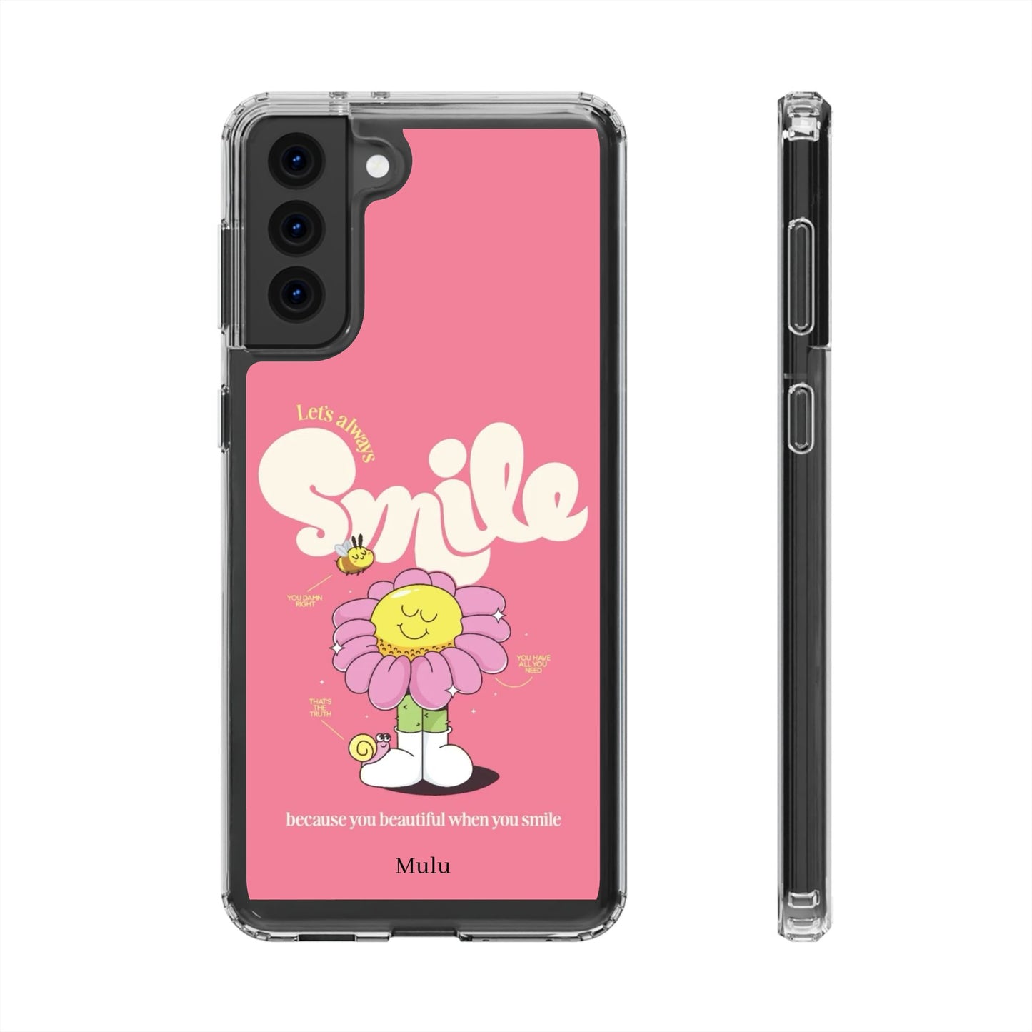 Clear Impact-Resistant Phone Case — Pink 'Smile' Flower Design