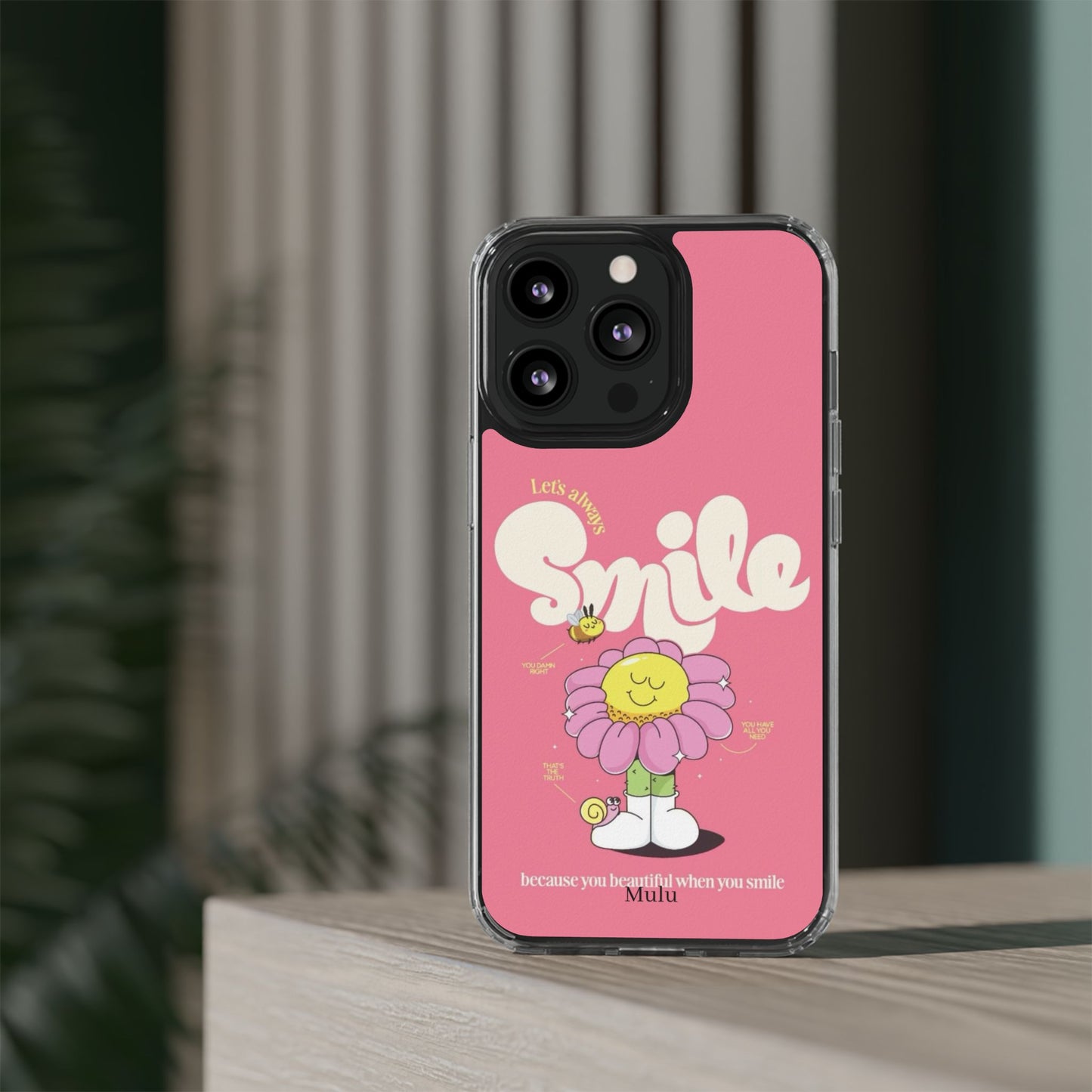 Clear Impact-Resistant Phone Case — Pink 'Smile' Flower Design