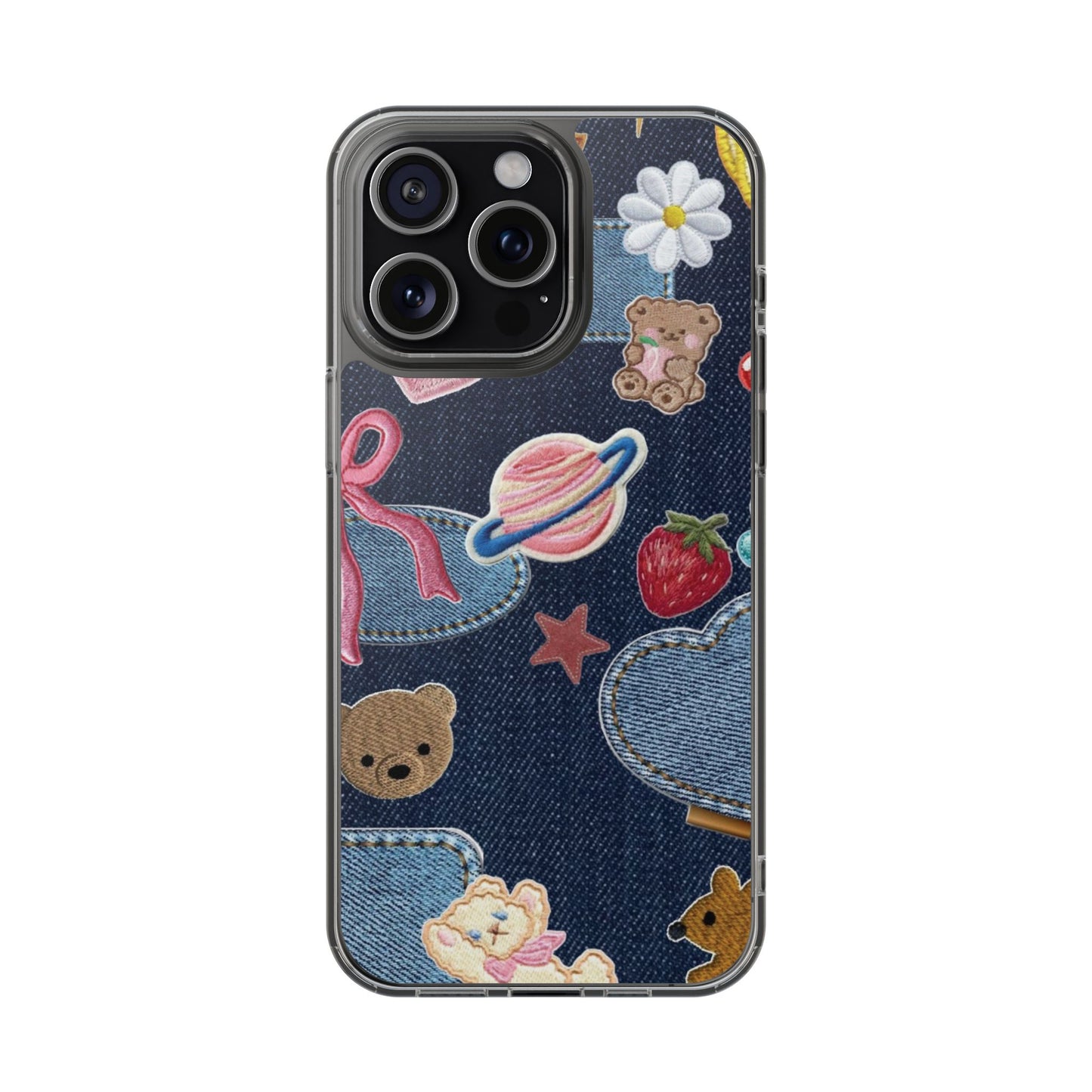 Clear Impact-Resistant Phone Case — Cute Denim Patch Collage (Teddy, Strawberry, Planet)